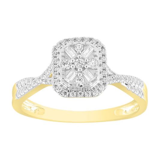 LADIES RING 0.25CT ROUND/BAGUETTE DIAMOND 10K YELLOW GOLD