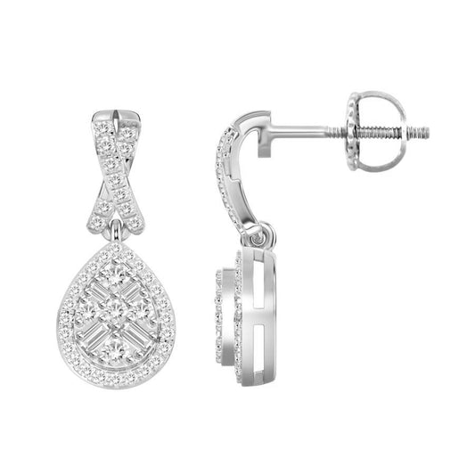 LADIES EARRINGS 0.30CT ROUND/BAGUETTE DIAMOND 10K WHITE GOLD