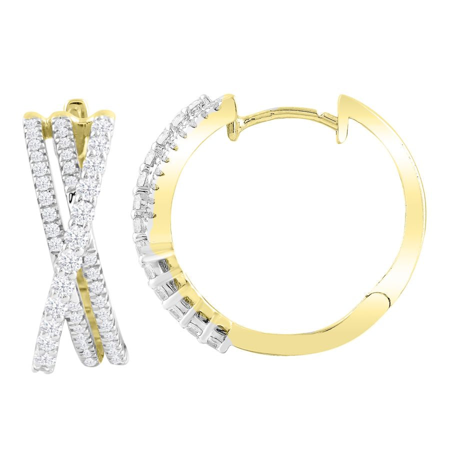 LADIES HOOP EARRINGS 0.75CT ROUND DIAMOND 14K YELLOW GOLD