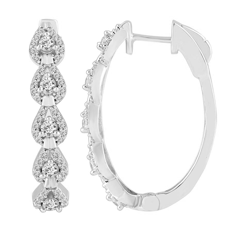 LADIES HOOP EARRINGS 1.00CT ROUND DIAMOND 14K WHITE GOLD