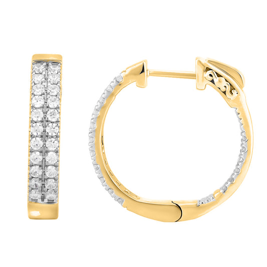 LADIES IN/OUT HOOP EARRINGS 1.00CT ROUND DIAMOND 14K YELLOW GOLD (SI QUALITY)