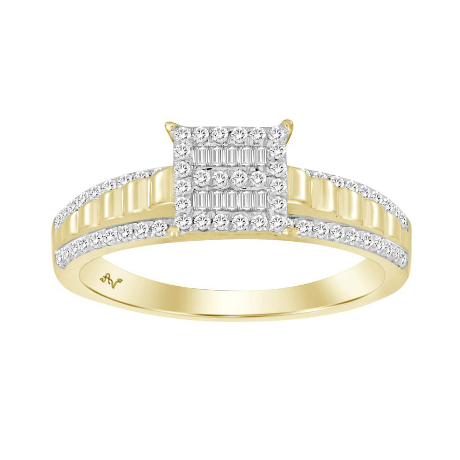 LADIES RING 0.25CT ROUND/BAGUETTE DIAMOND 10K YELLOW GOLD