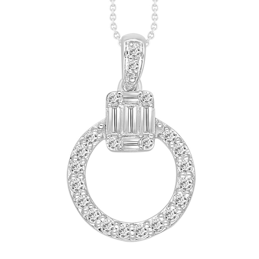 LADIES PENDANT WITH CHAIN 0.25CT ROUND/BAGUETTE DIAMOND 14K WHITE GOLD (SI QUALITY)