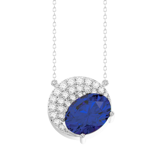 LADIES PENDANT WITH CHAIN 1.75CT ROUND/OVAL BLUE SAPPHIRE DIAMOND 14K WHITE GOLD (CENTER STONE OVAL BLUE SAPPHIRE DIAMOND-1.60CT)