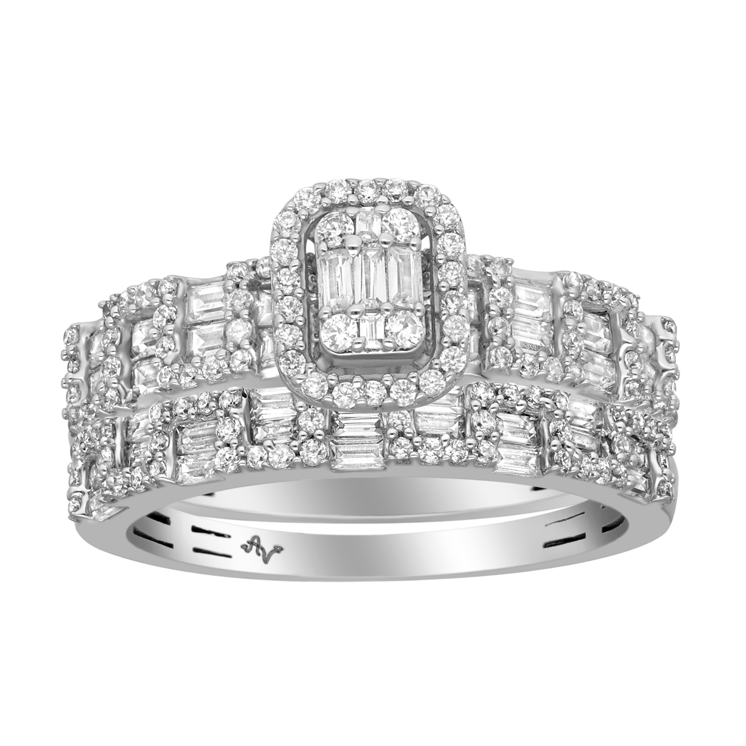 LADIES BRIDAL SET 1.00CT ROUND/BAGUETTE DIAMOND 14K WHITE GOLD