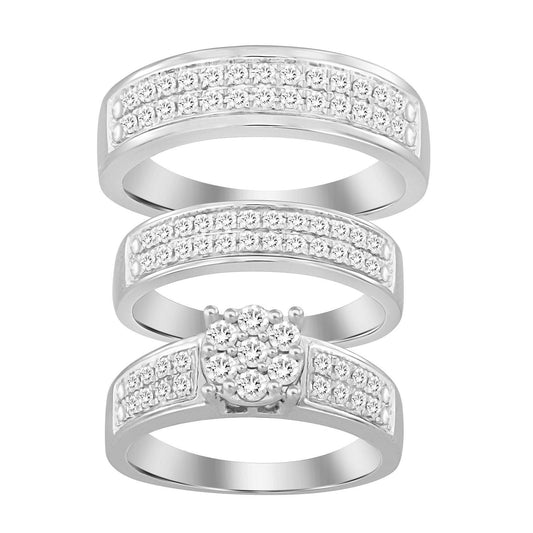 LADIES TRIO SET 10K WHITE GOLD 1 CT ROUND DIAMOND