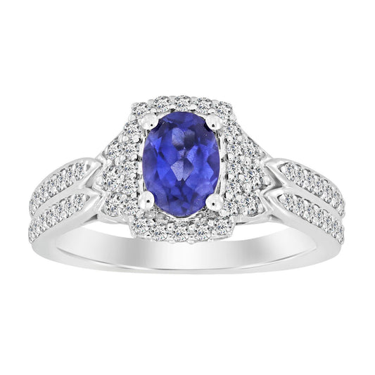 LADIES RING 1 1/3 CT ROUND/OVAL TANZANITE DIAMOND 14K WHITE GOLD (CENTER-7/8 CT)