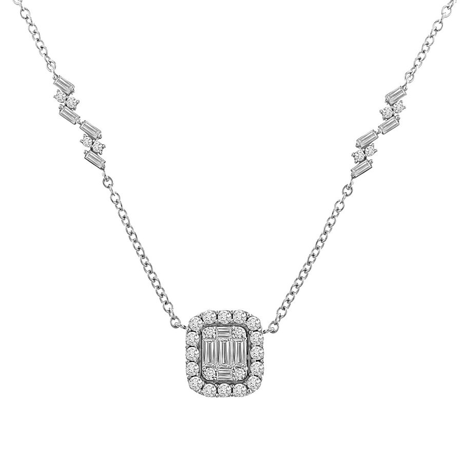 LADIES NECKLACE 1.00CT ROUND/BAGUETTE DIAMOND 14K WHITE GOLD (SI QUALITY)