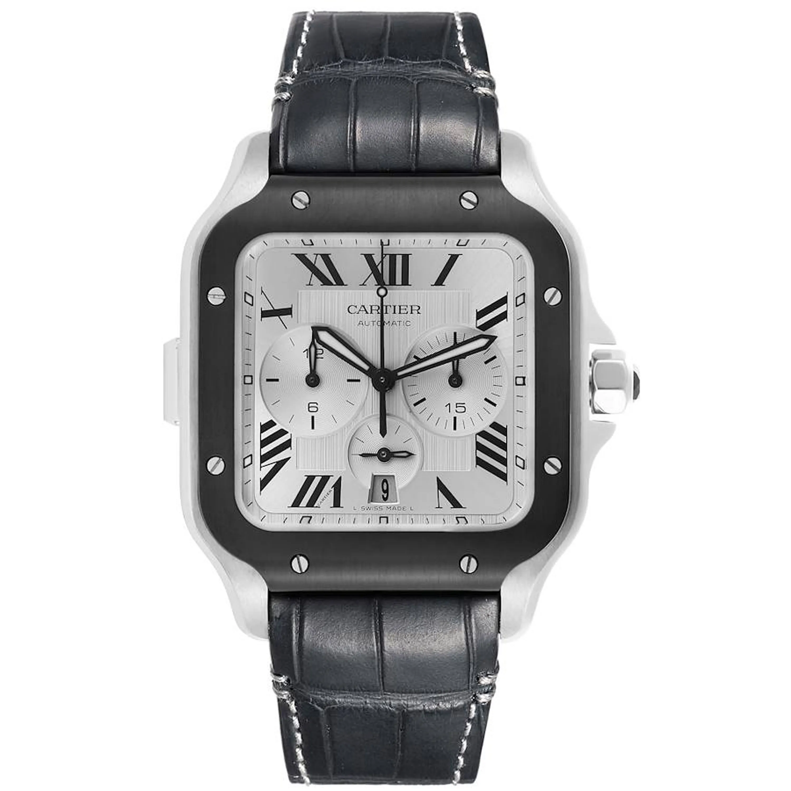 Cartier Santos XL Silver Roman Dial On Leather
