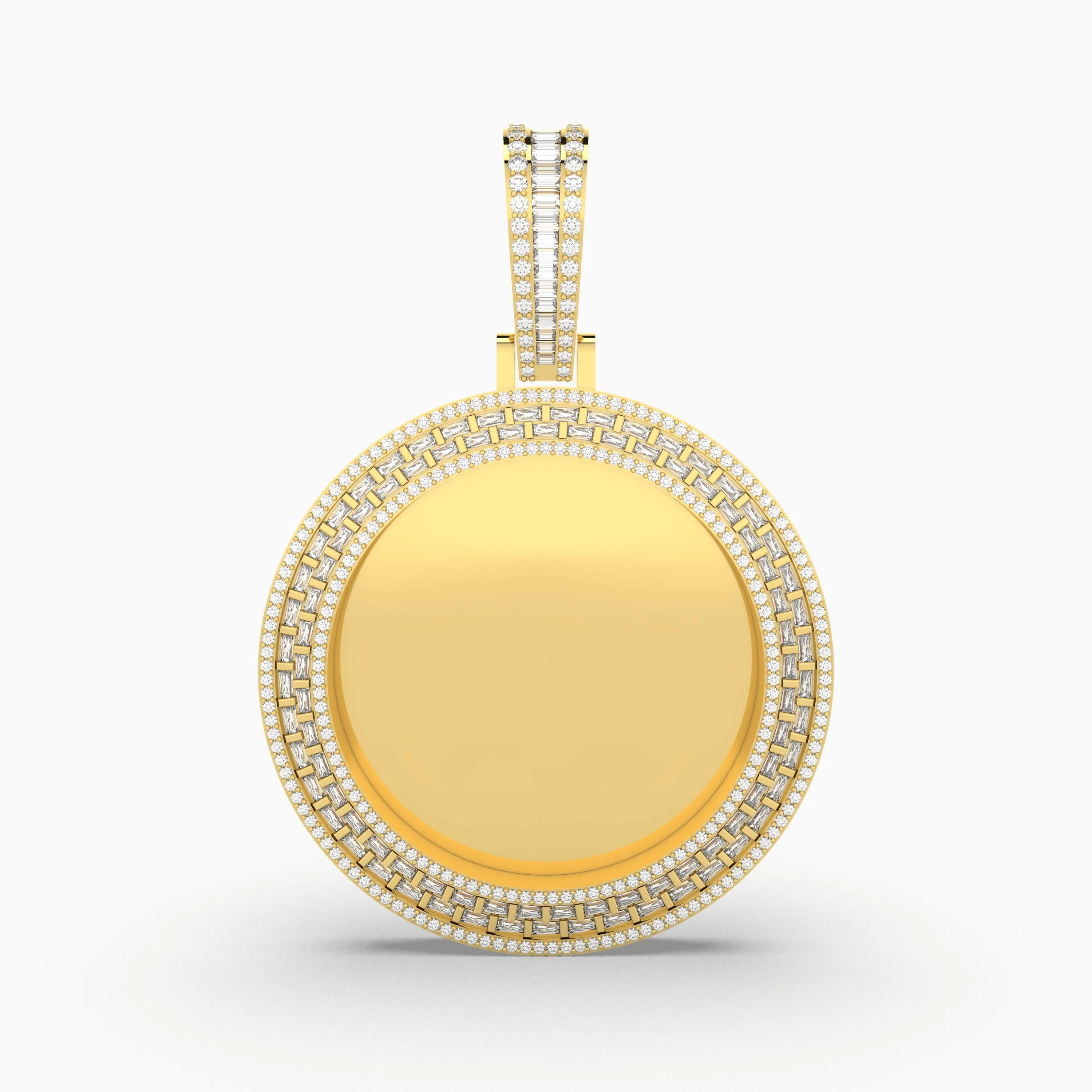 Baguette Natural Halo Diamond Round Customizable Picture Pendant