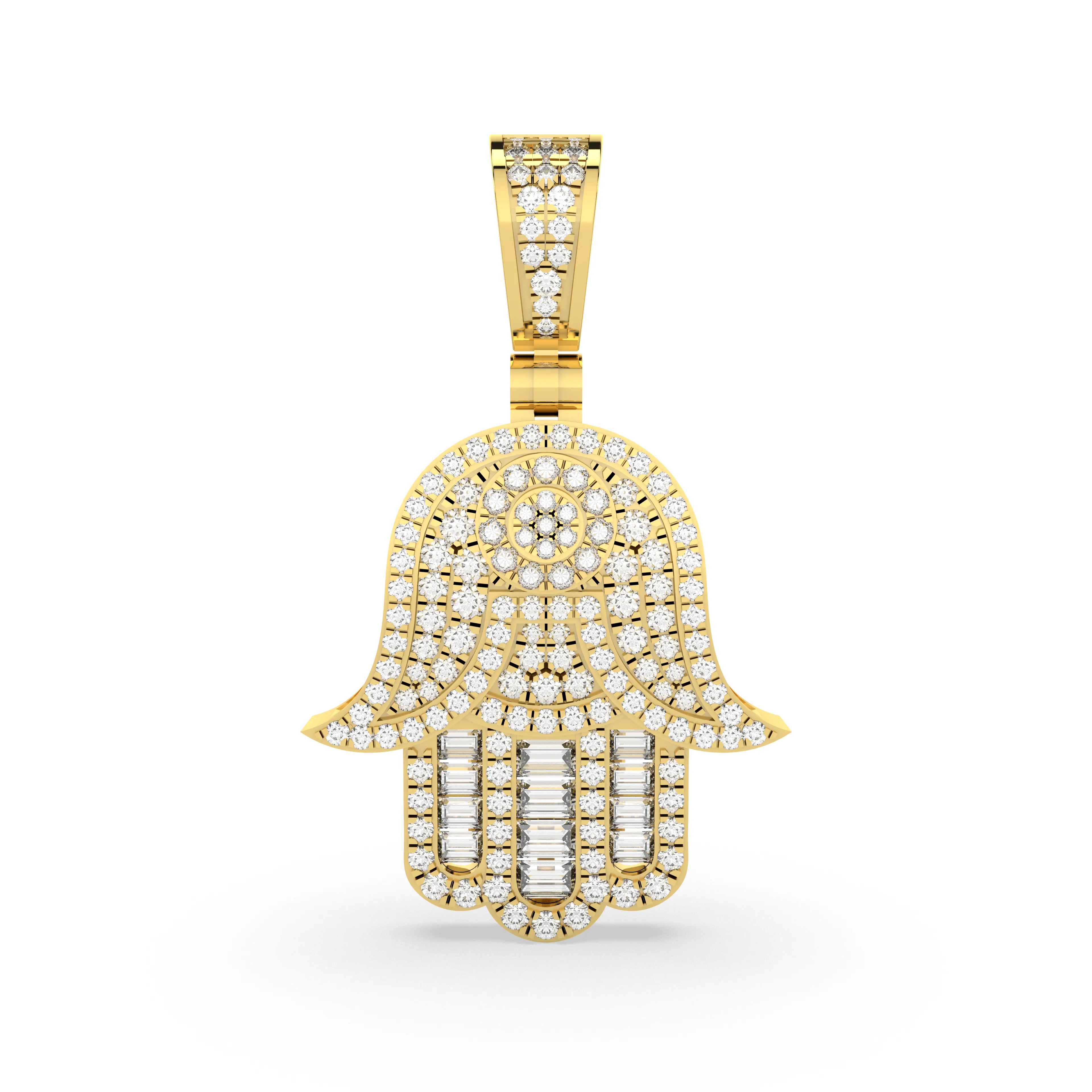 Hamsa Hand Shape Round And Baguette Cut Natural Diamonds Pendant