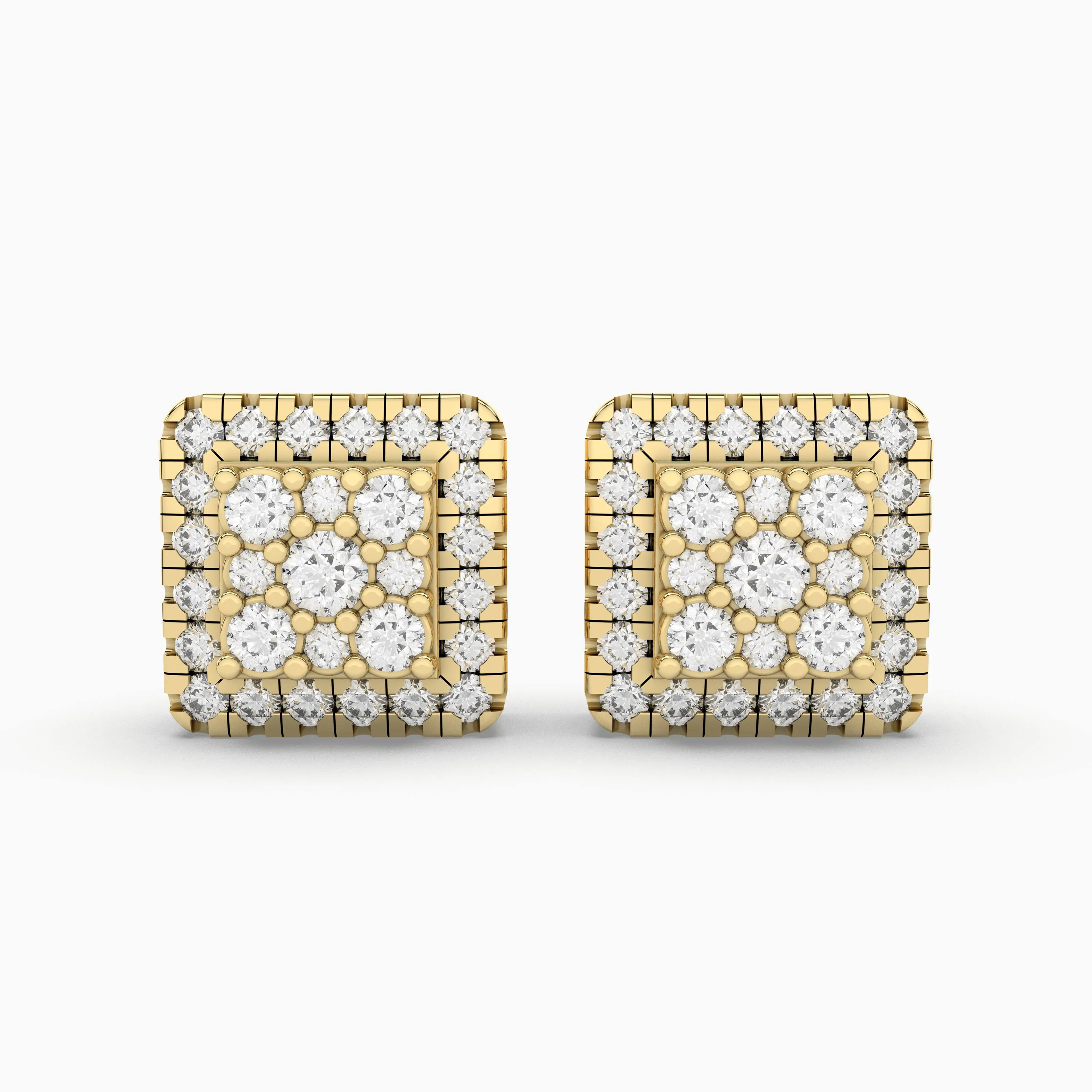 Double Square Halo Gold Natural Diamond Earrings