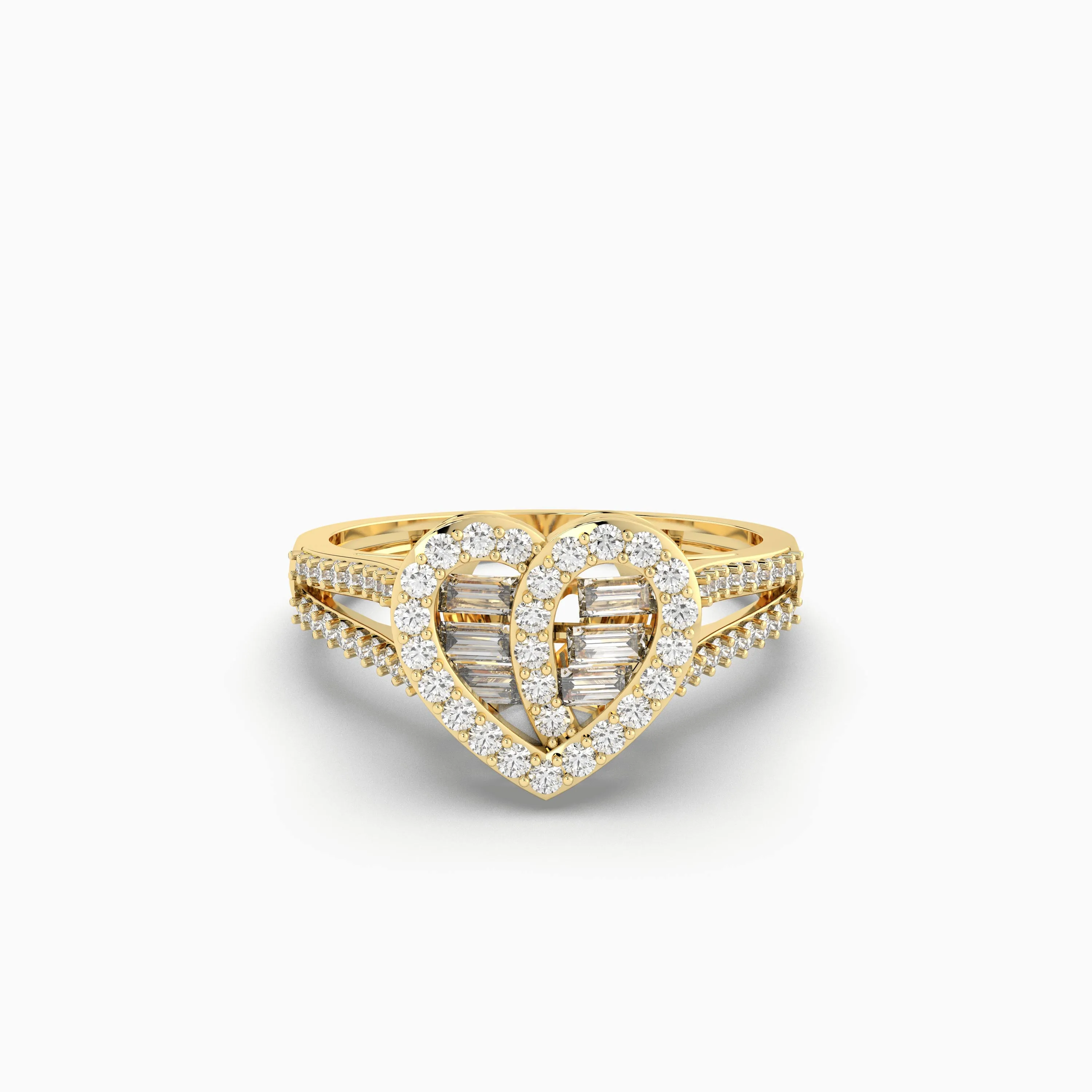 Round And Baguette Natural Diamond Heart Ring For Women's