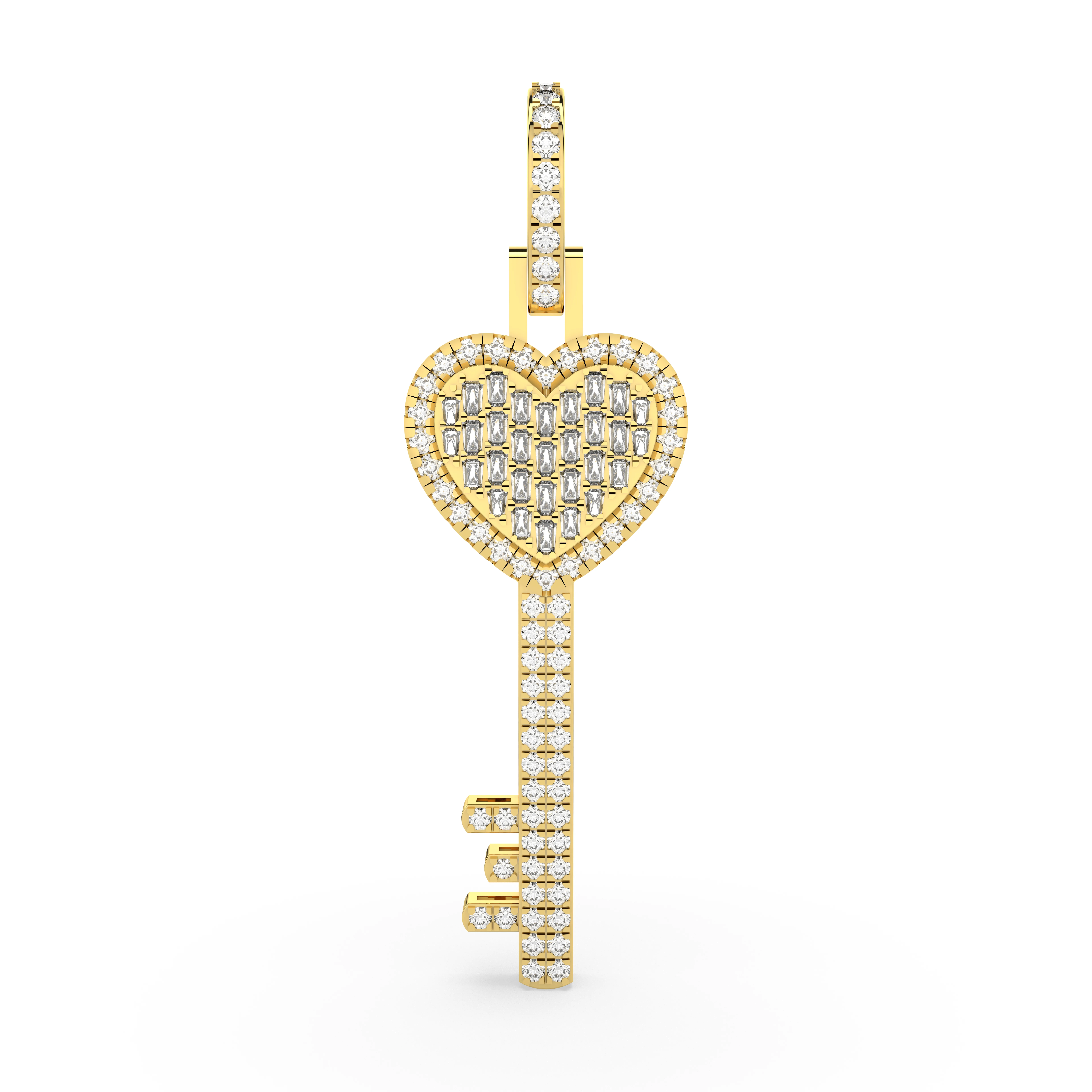 Round And Baguette Natural Diamond Love Heart Key Charm Pendant