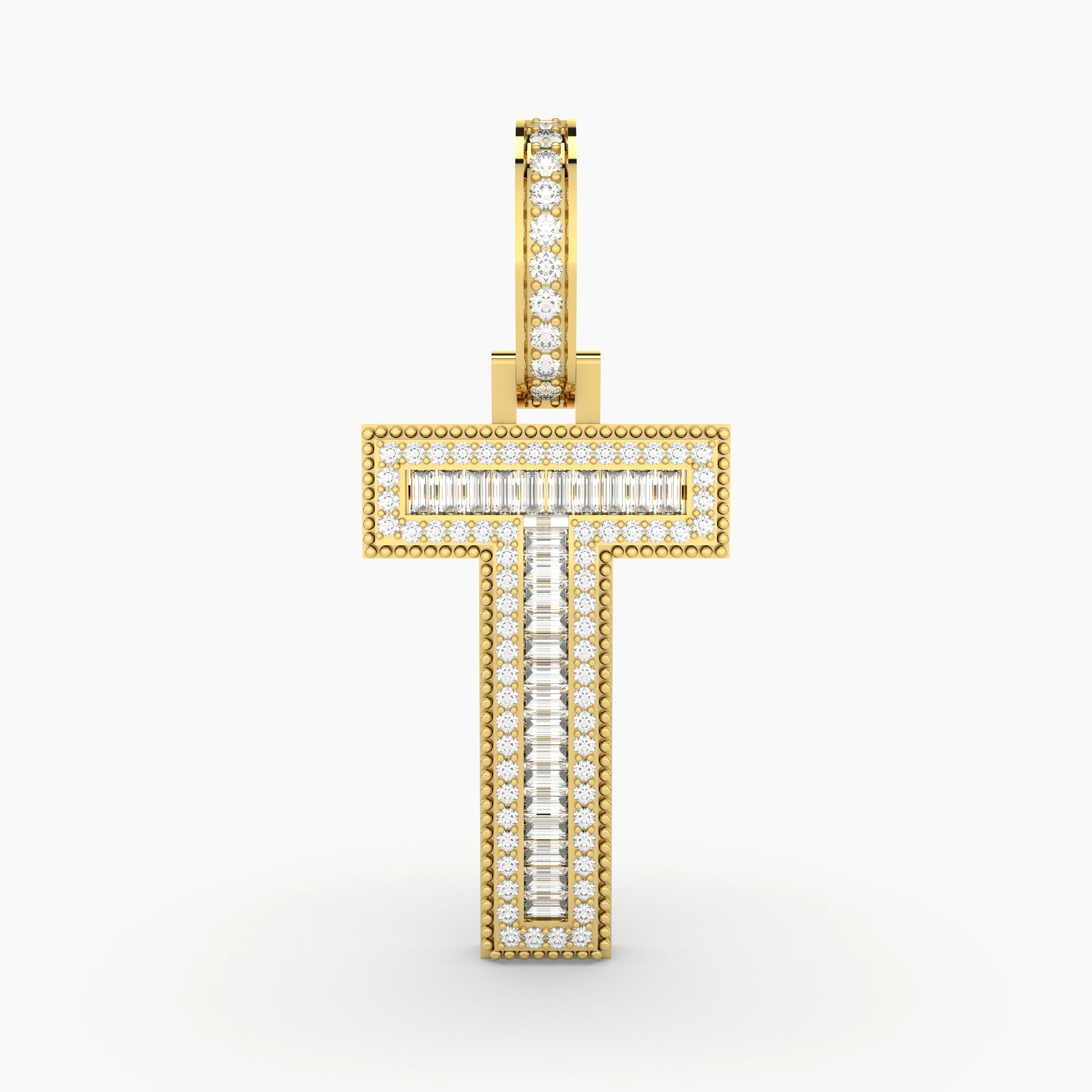 Letter T Initial Baguette And Round Natural Diamond Pendant