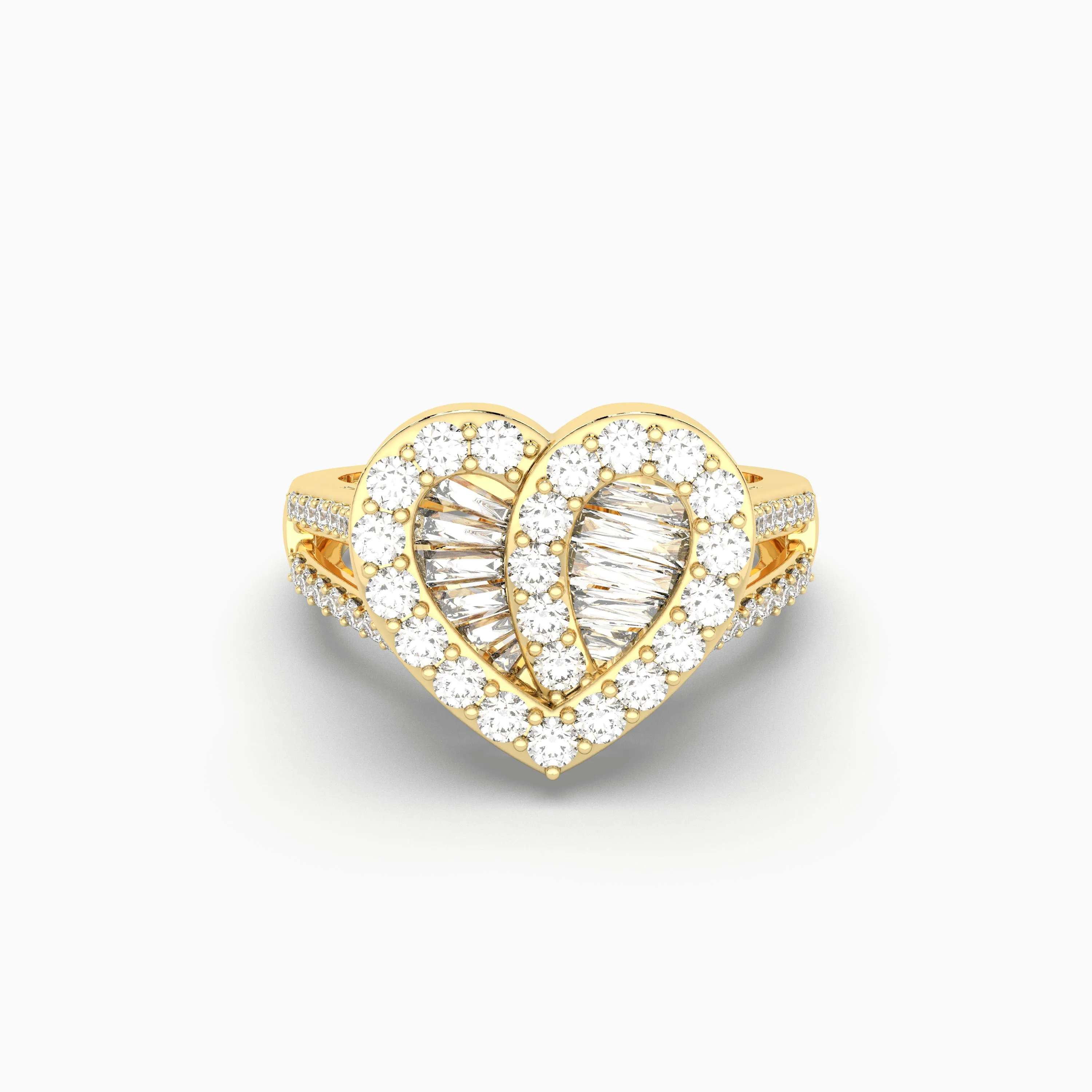 Baguette & Round Cut Natural Diamond Heart Halo Ring