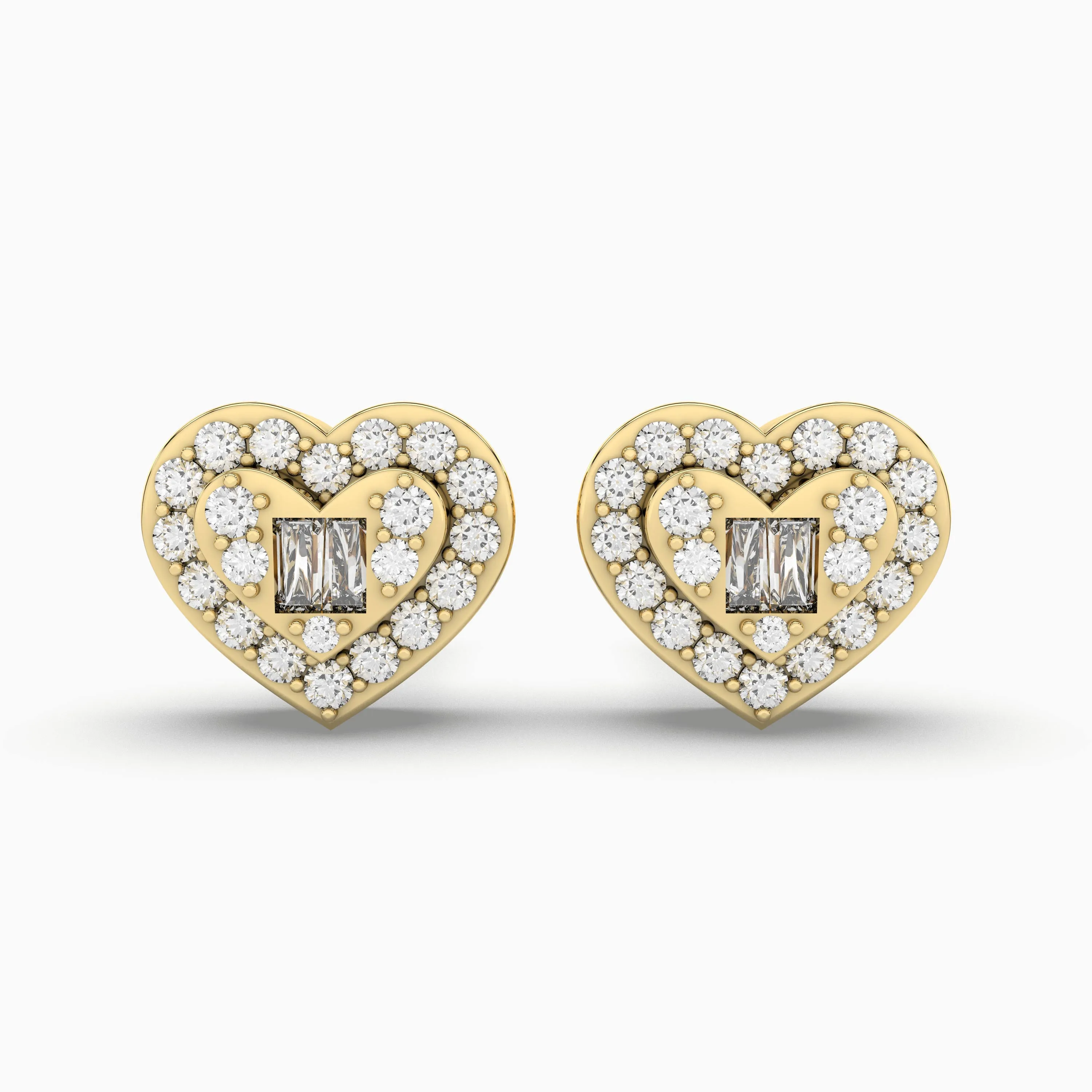 Heart Shape Natural Diamond And Baguette Stud Earring For Women