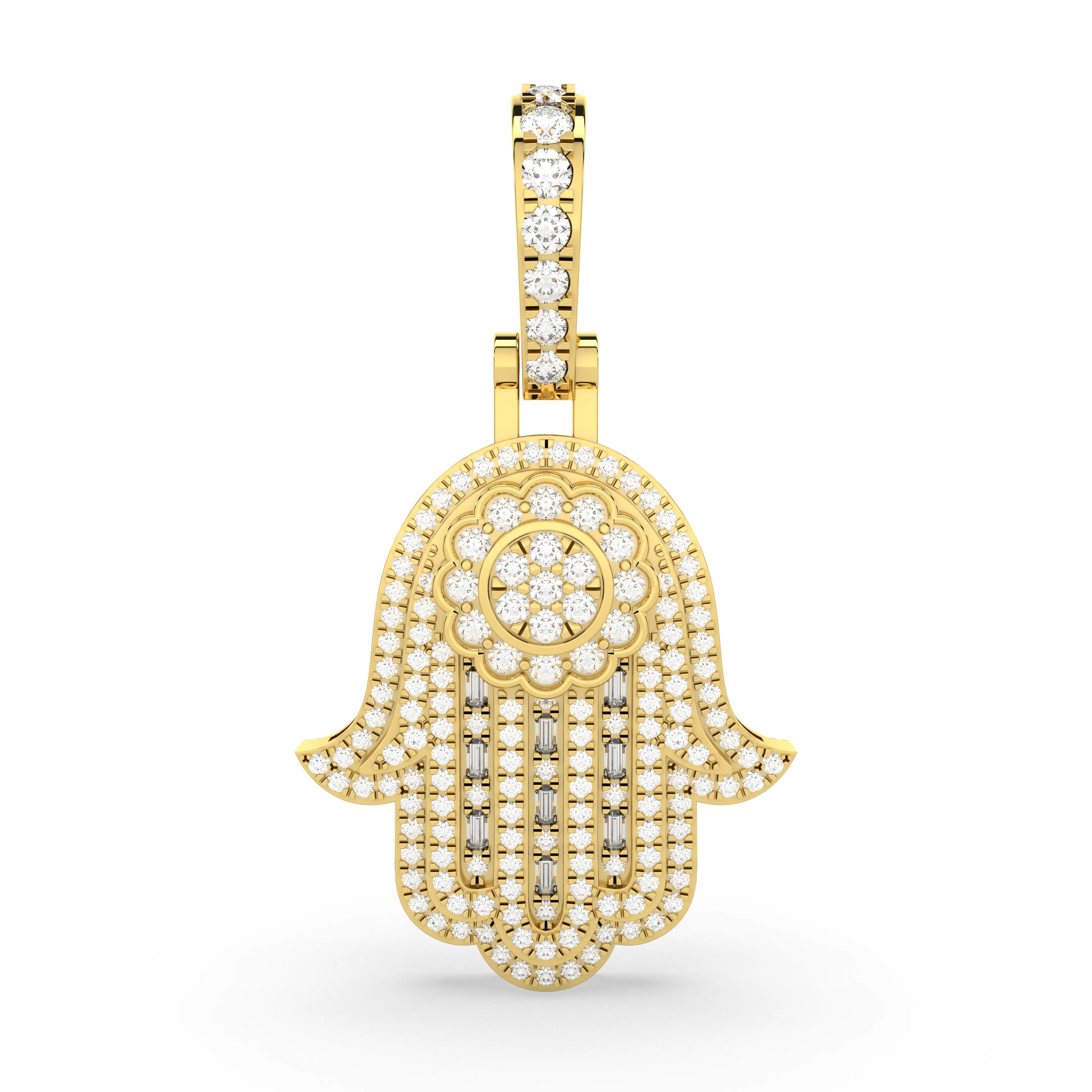 Hamsa Hand Round And Baguette Lab Grown Diamond Unisex Pendant