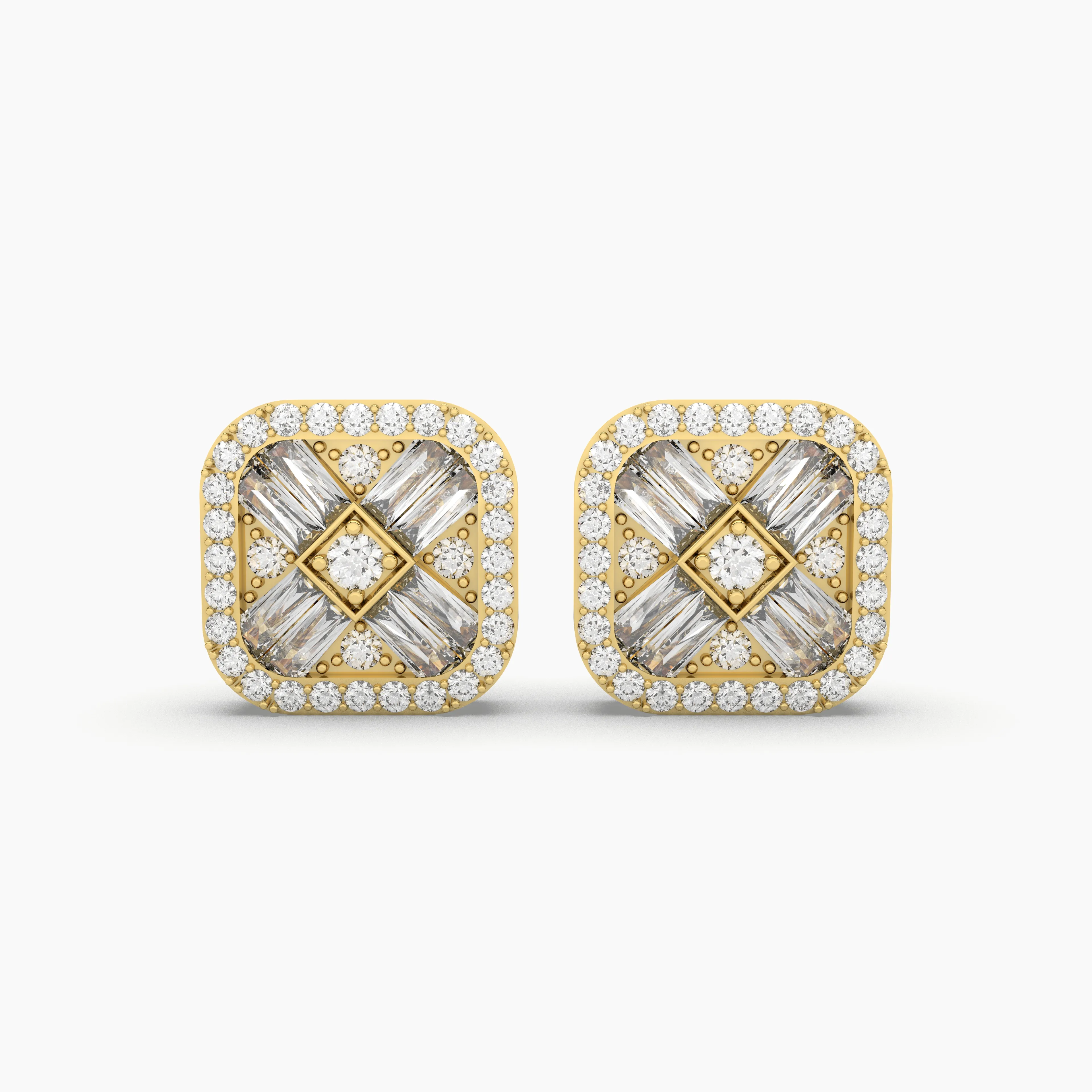 Baguette And Round Brilliant Natural Diamond Stud Earrings