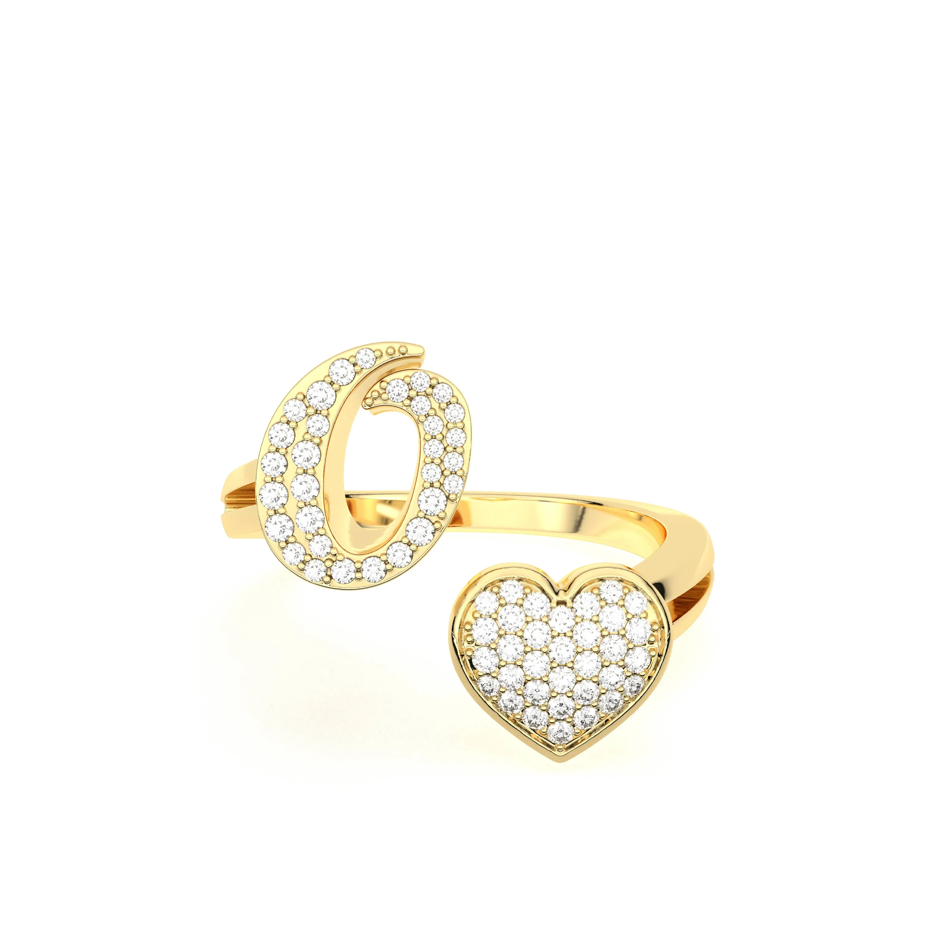 Gold Round Natural Diamond Heart Initial O Rings
