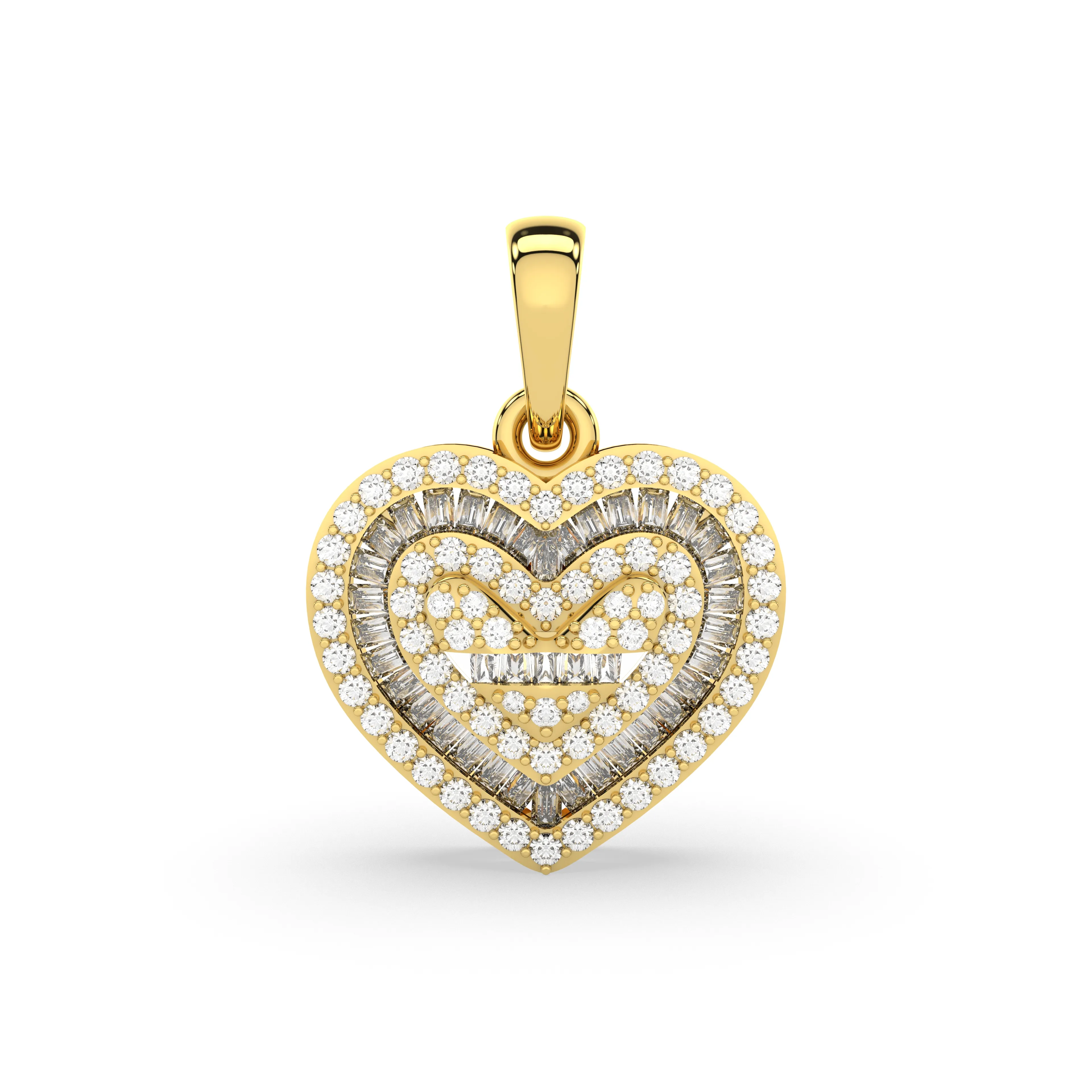 Natural Diamond Heart Triple Layer Baguette And Round Shape Pendant