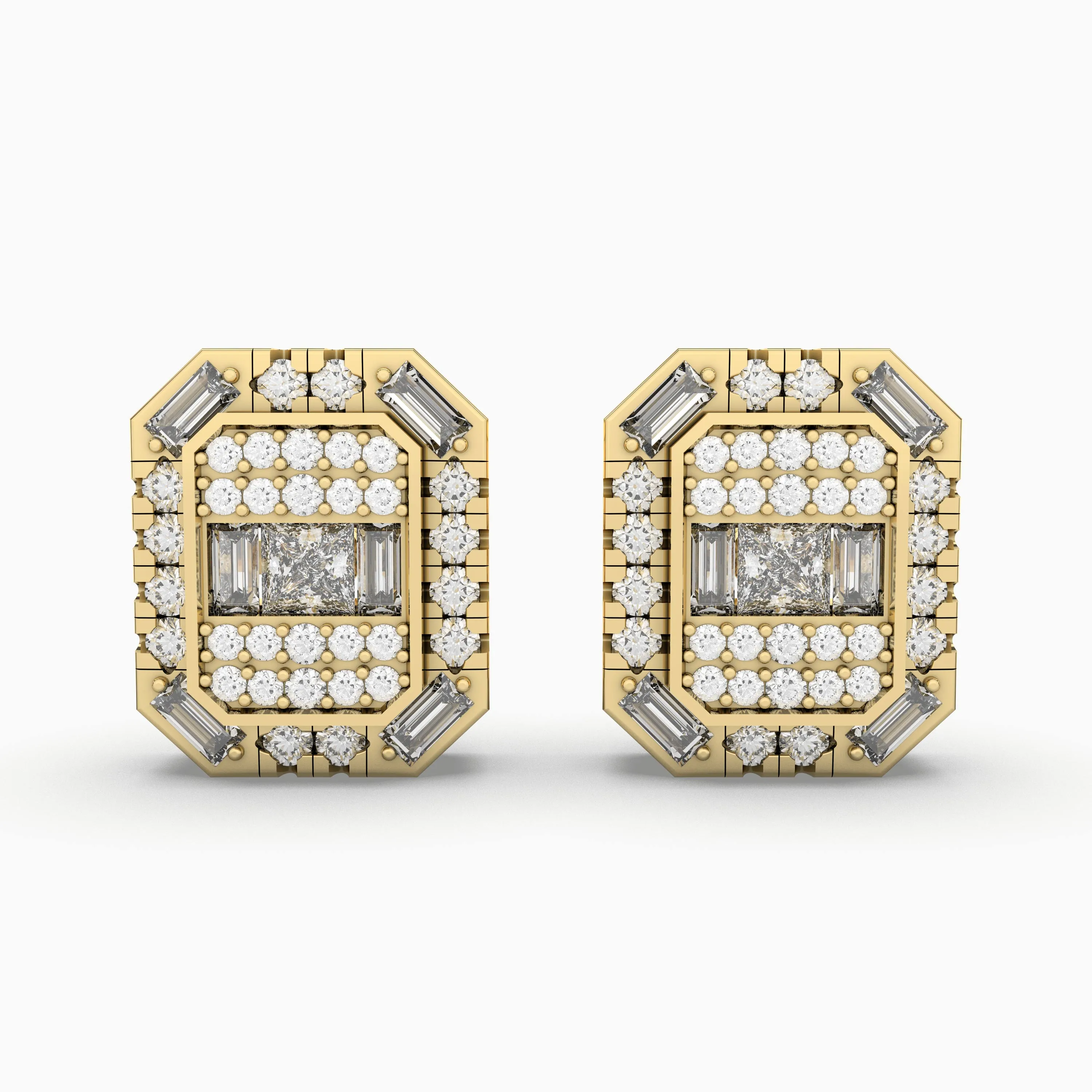 Gold Square Natural Diamond Stud Earrings
