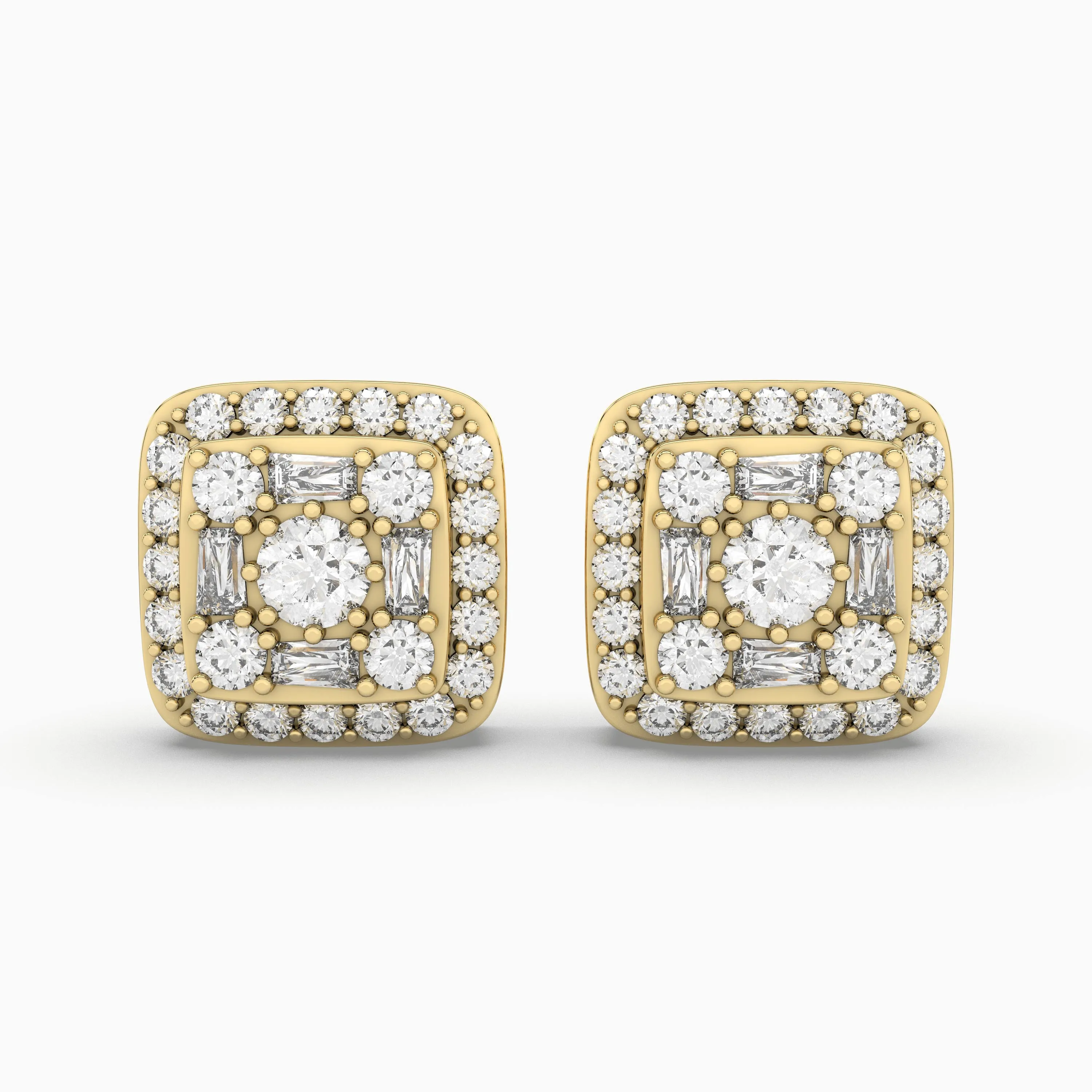 Gold Square Natural Diamond Stud Earrings For Women