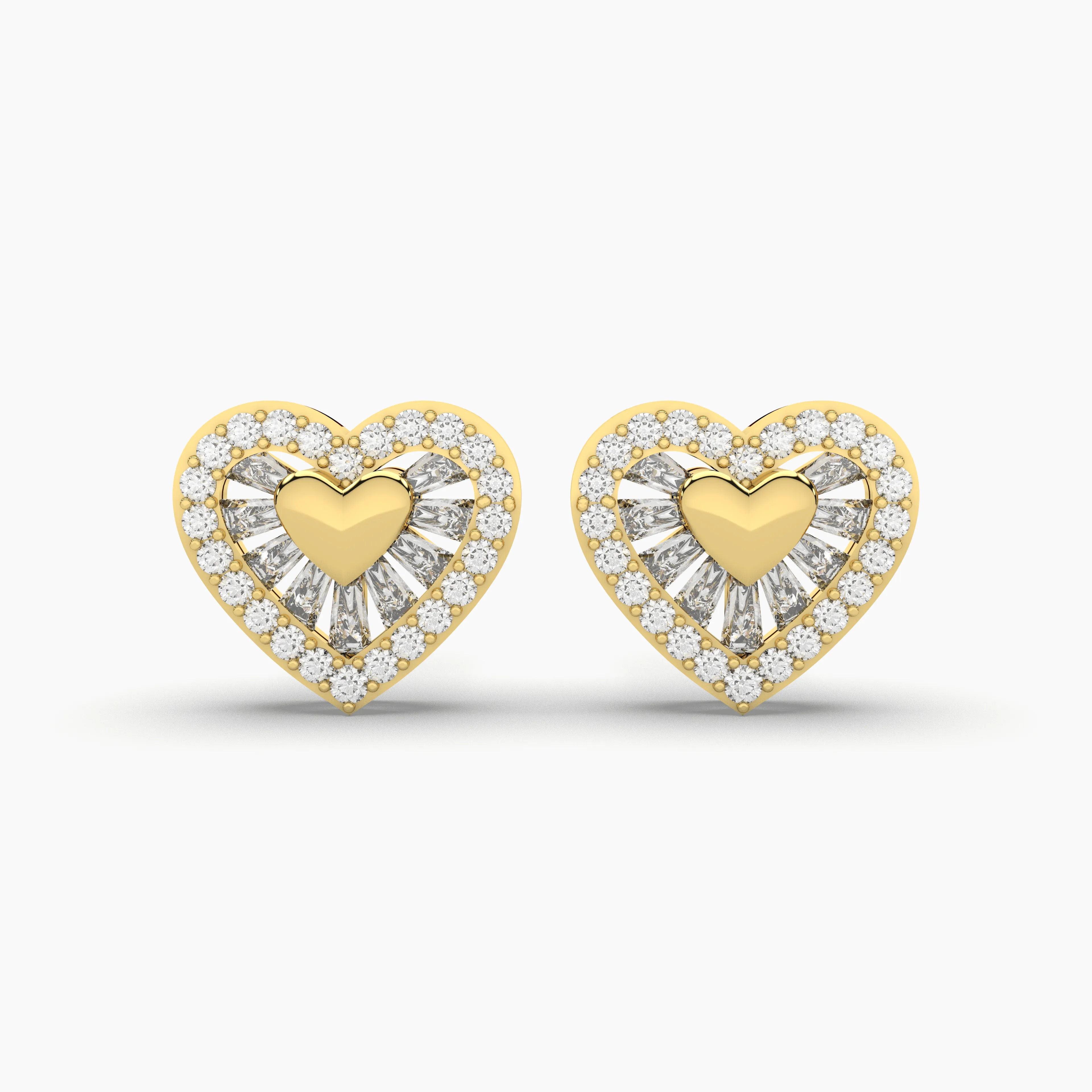 Heart-Shaped Baguette And Round Natural Diamond Stud Earrings