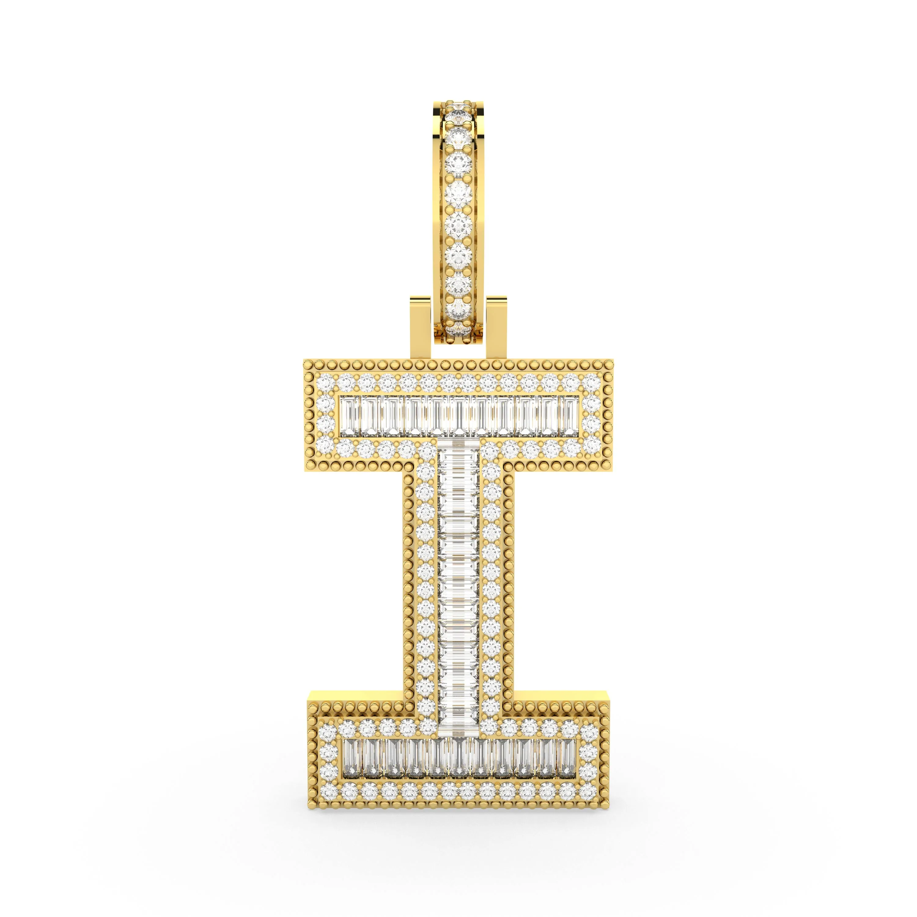 Baguette And Round Natural Diamond letter 'I' Pendant