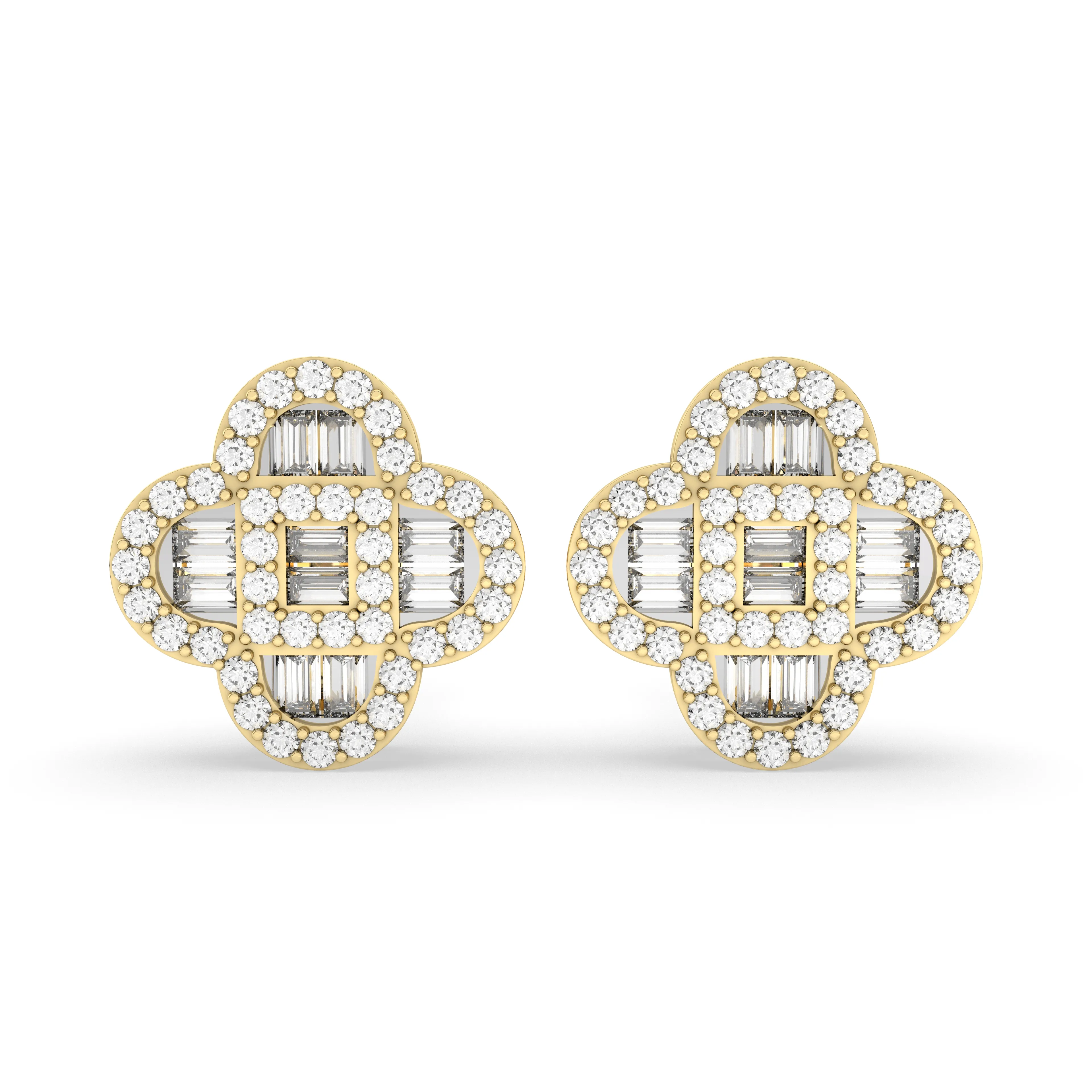Clover Style Baguette And Round Natural Diamond Studs Earrings