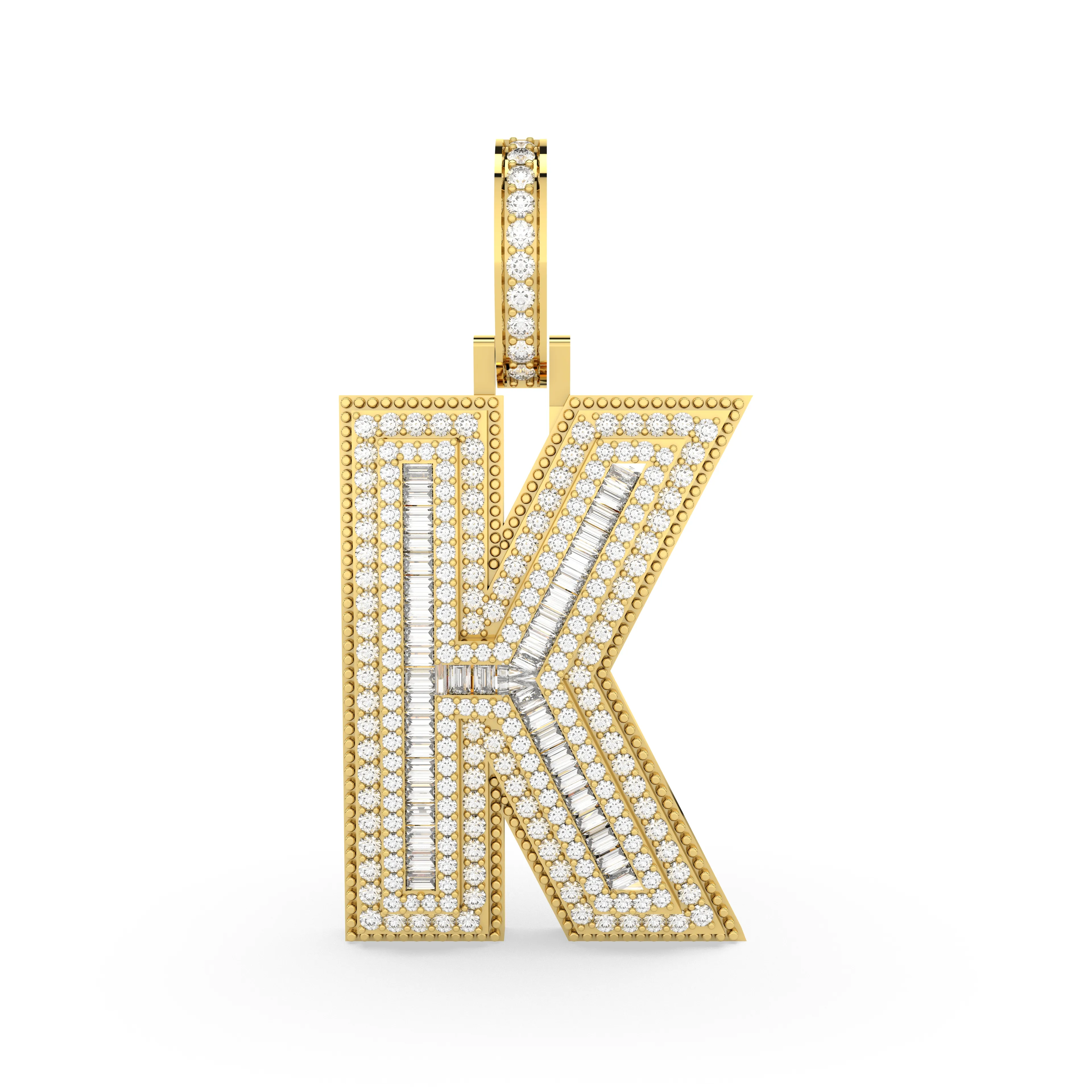 Baguette And Round Natural Diamond "K" Initial Letter Charm Pendant