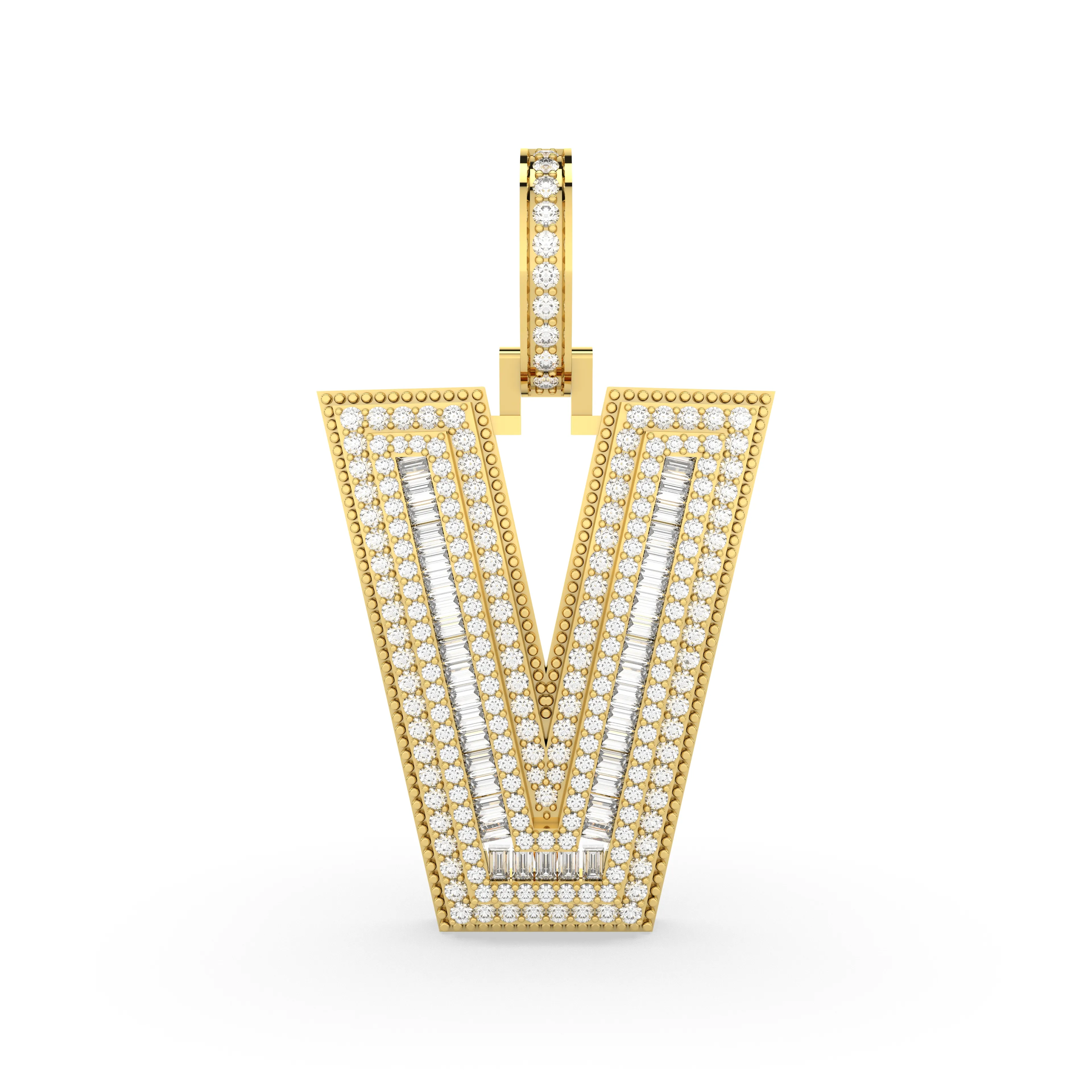 Baguette And Round Natural Diamond "V" Initial Letter Pendant