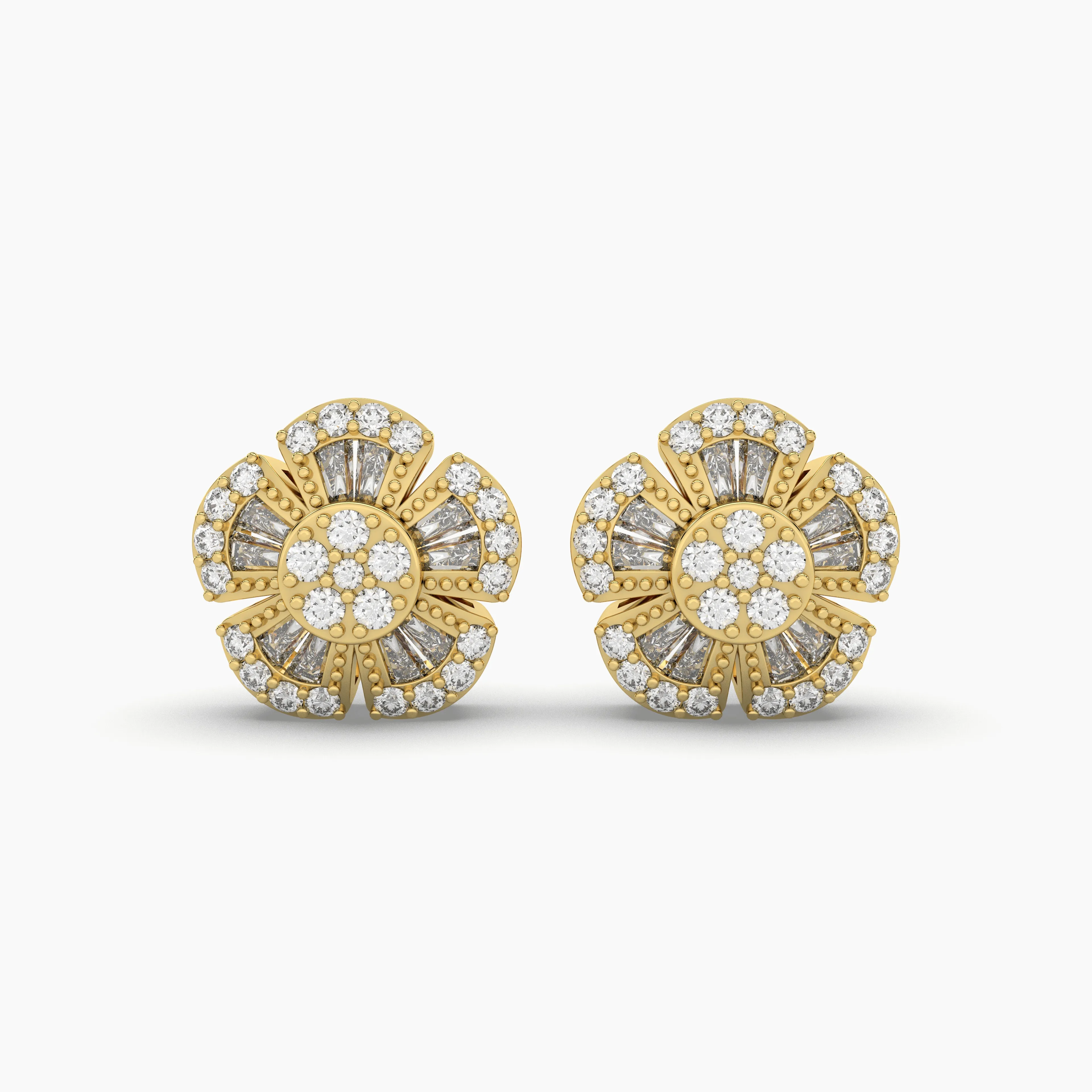 Baguette And Round Flower Natural Diamond Stud Earrings