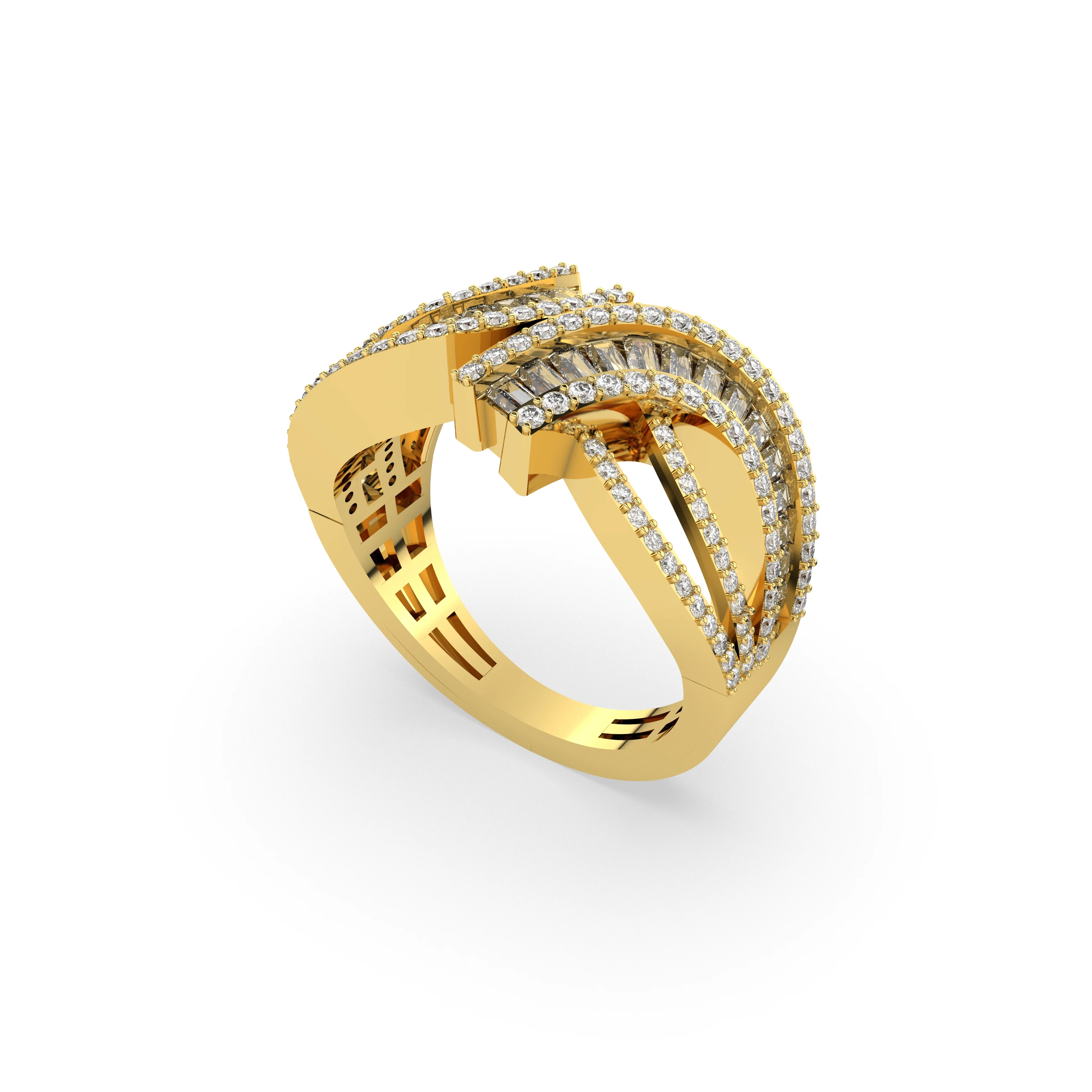 Diamond Baguette And Round Diagonal Multirow Ring