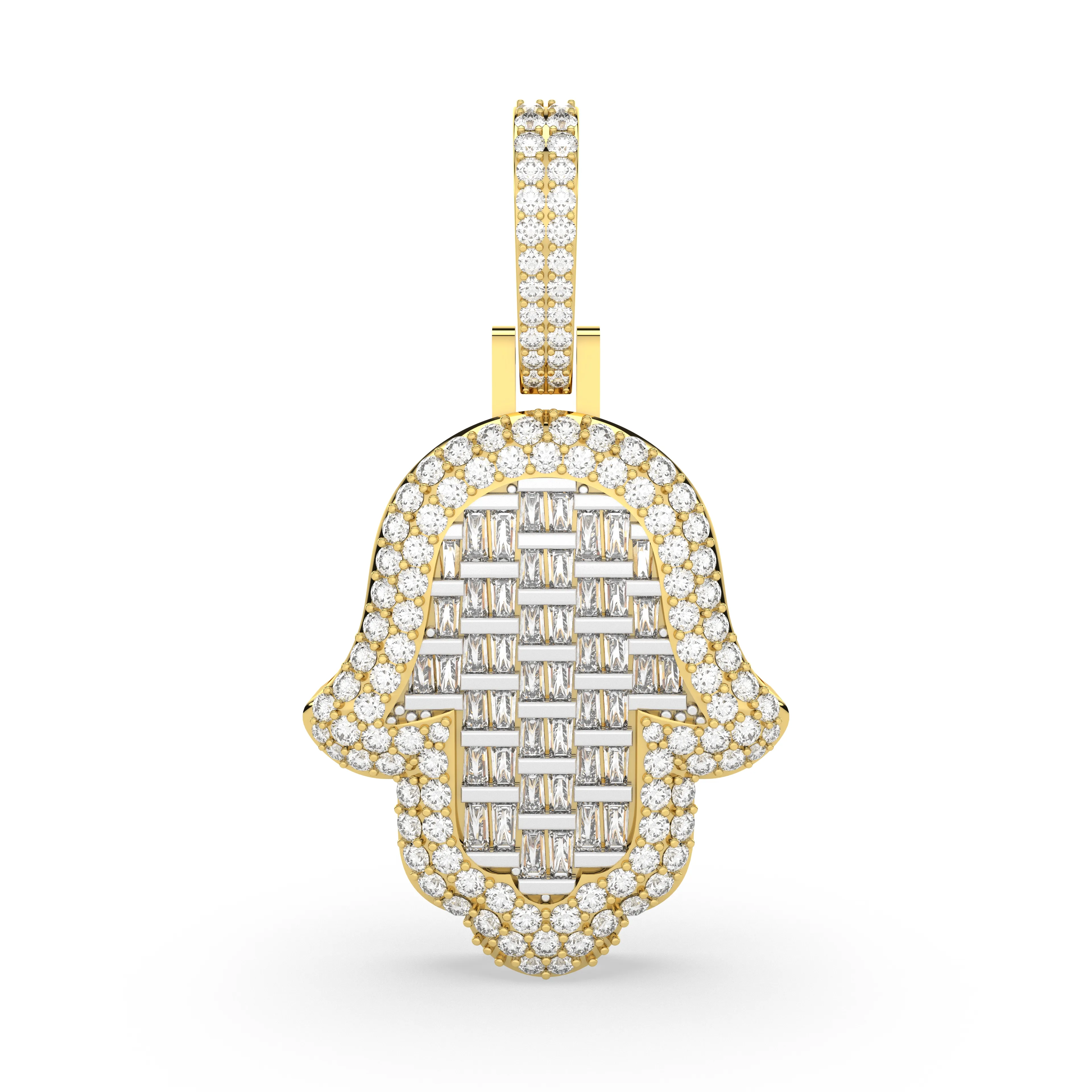 Mens Baguette And Round Natural Diamond Hamsa Charm Pendant
