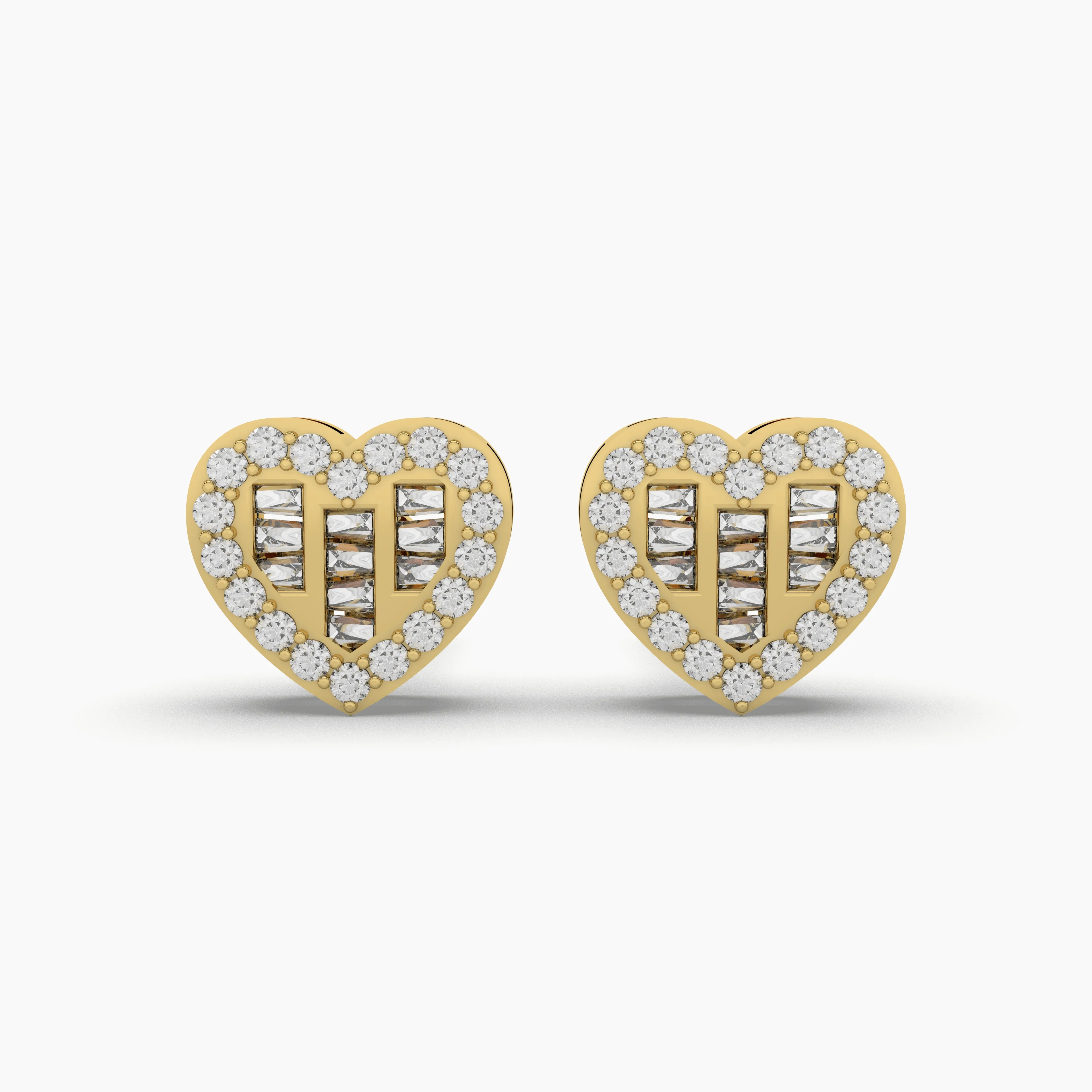 Featuring Both Round And Baguette Natural Diamonds Heart-Shaped Stud Earrings