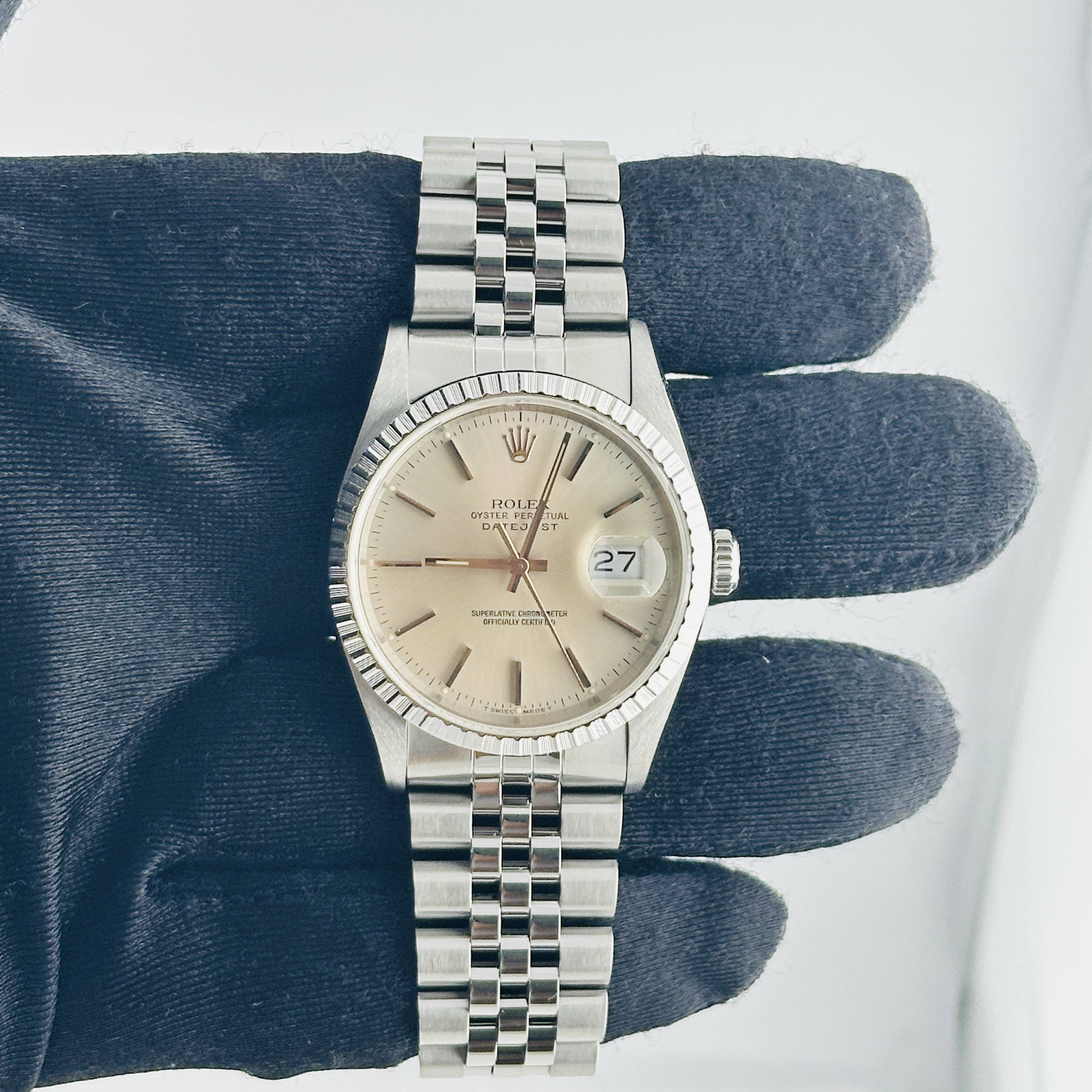 Rolex Datejust Silver Stick Dial on D Link Jubilee Bracelet Ref. 16220 1991