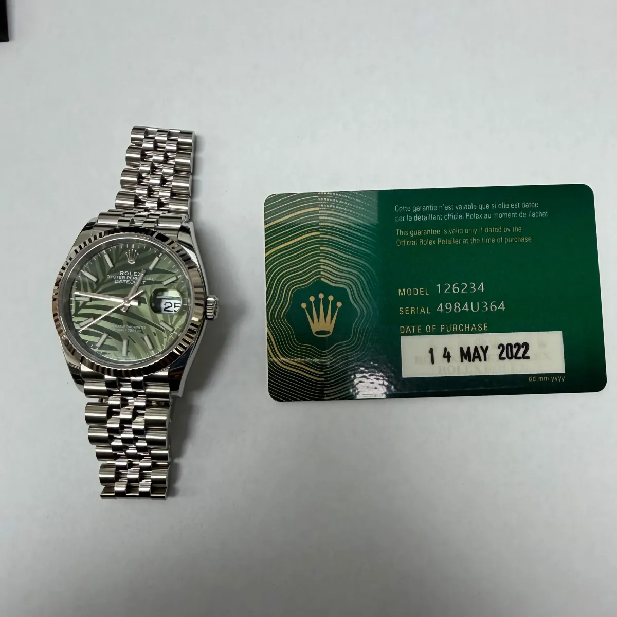 Rolex Datejust Olive Green Palm Motif Dial On Jubilee Ref 126234 With New Style Card Green 2022