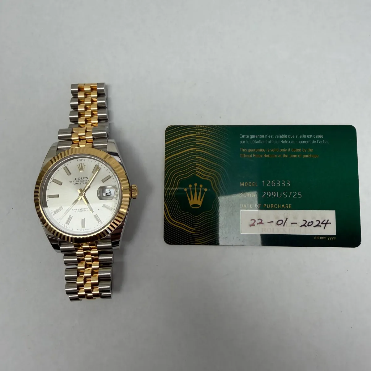 Rolex Datejust Silver Index Dial on Jubilee Ref 126333 with New Style Card Green 2024