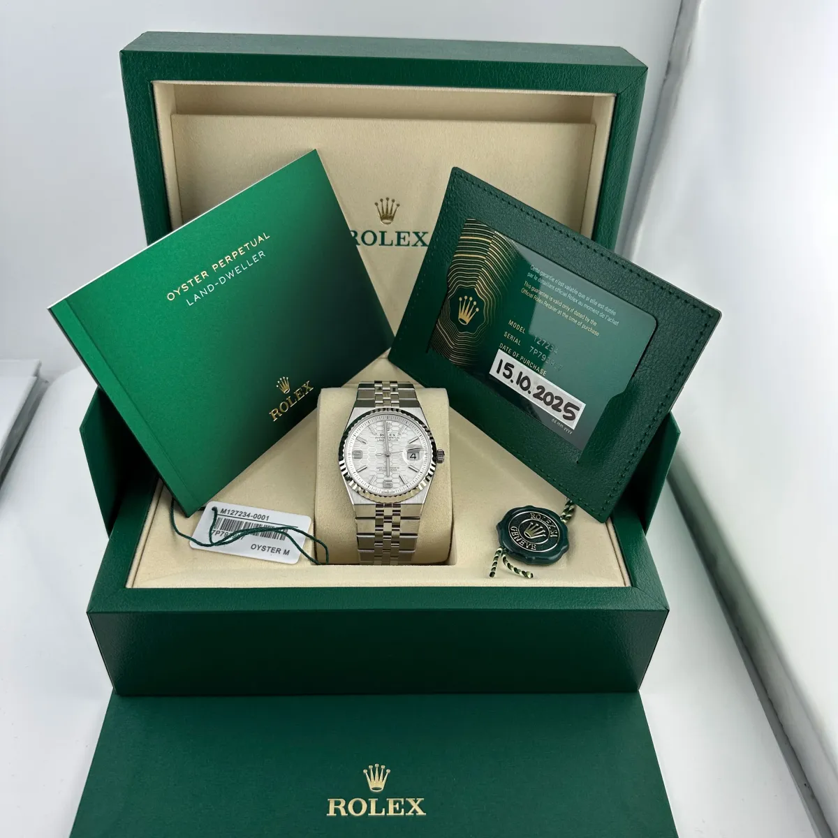 Rolex Land-Dweller White Honeycomb Dial on Flat Jubilee Ref 127234 with New Style Card Green 2025