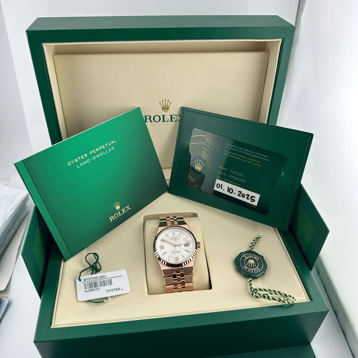 Rolex Land-Dweller White Honeycomb Dial on Flat Jubilee Ref 127235 with New Style Card Green 2025