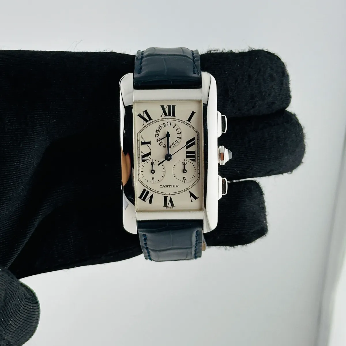 Cartier Tank Americaine Chronograph White Roman Dial on Midnight Blue Leather Ref 2312