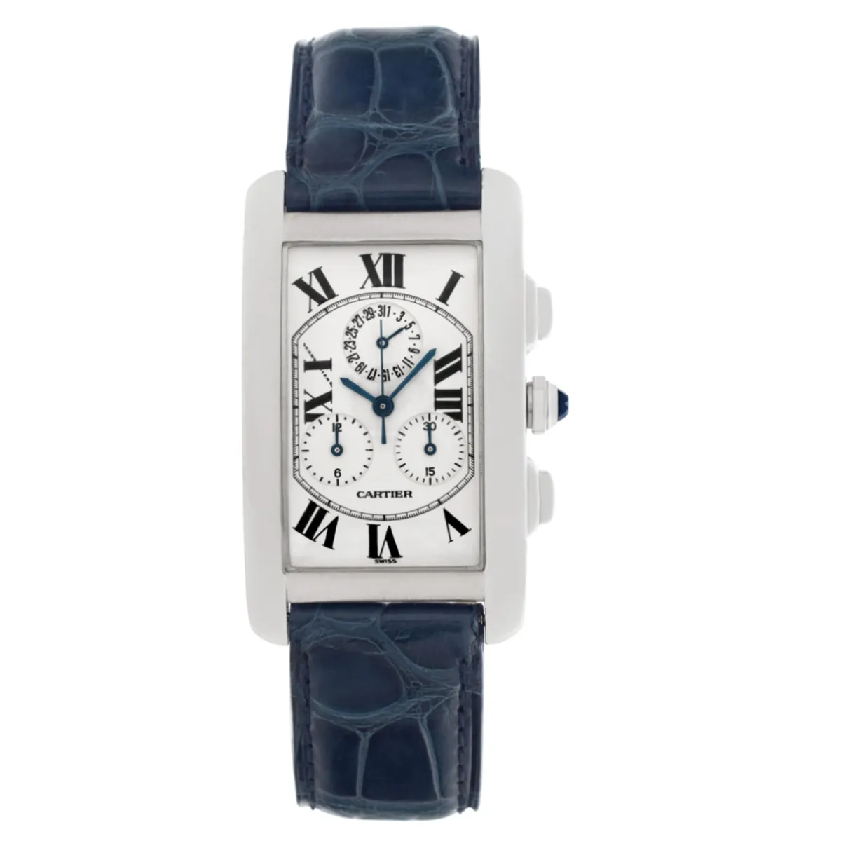 Cartier Tank Americaine Chronograph White Roman Dial on Midnight Blue Leather Ref 2312