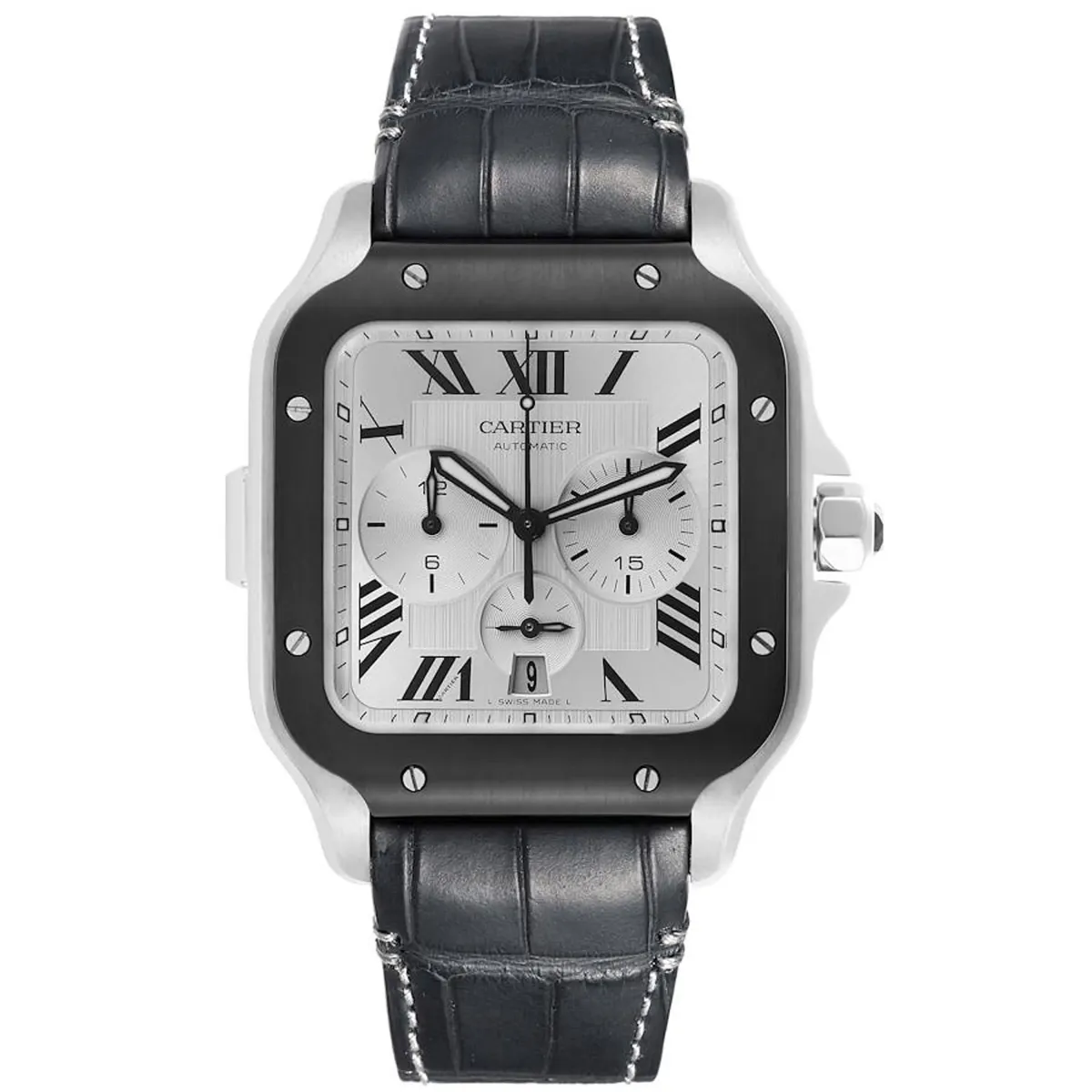 Cartier Santos XL Silver Roman Dial On Leather