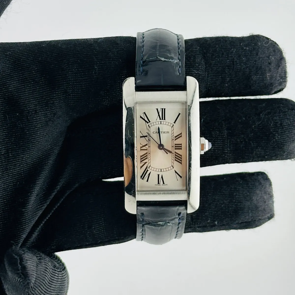 Cartier Tank Americaine Silver Roman Dial On Leather