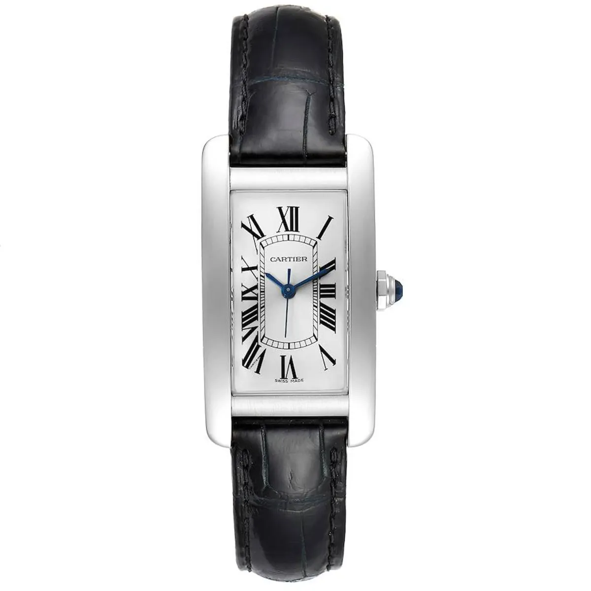 Cartier Tank Americaine Silver Roman Dial On Leather