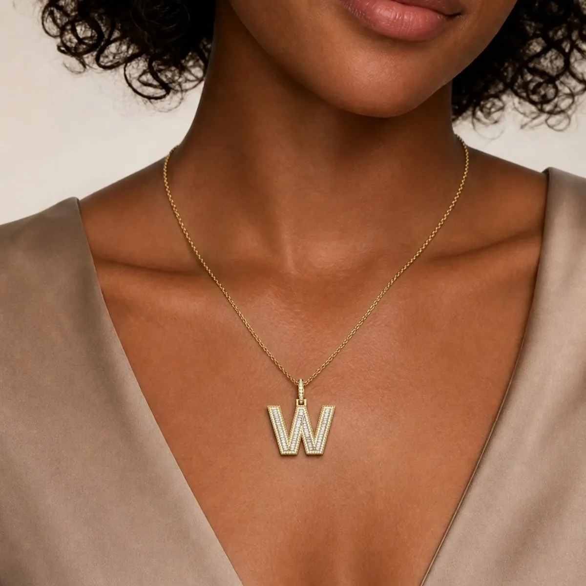 Natural Diamond Alphabet Initial Letter W Charm Pendant