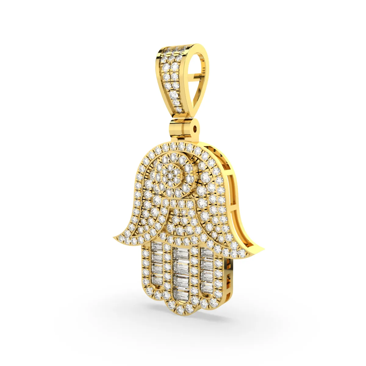 Hamsa Hand Shape Round And Baguette Cut Natural Diamonds Pendant