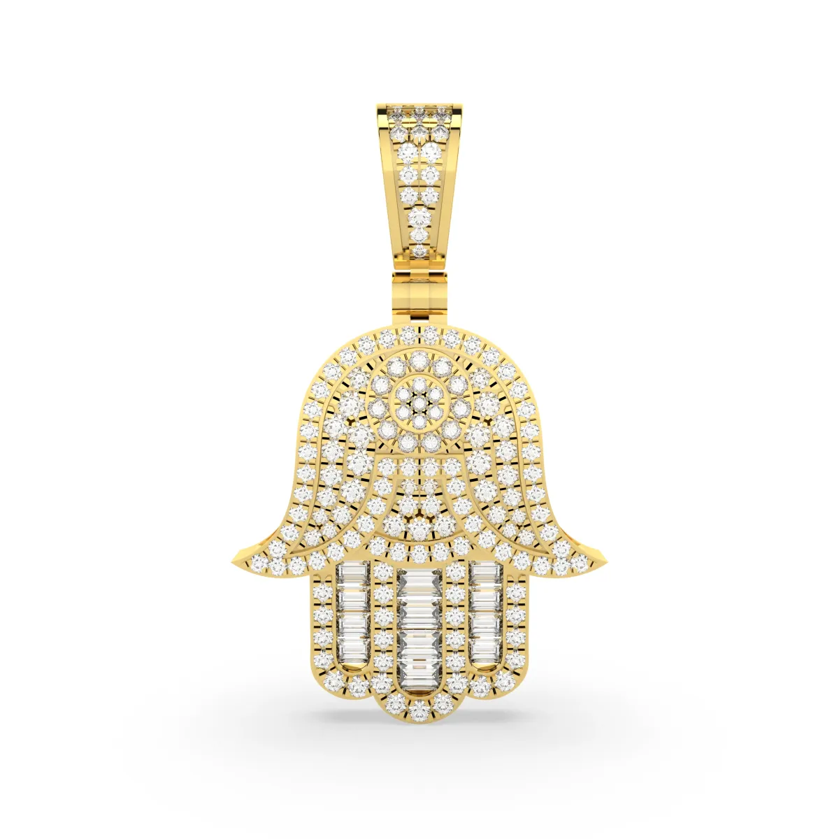 Hamsa Hand Shape Round And Baguette Cut Natural Diamonds Pendant