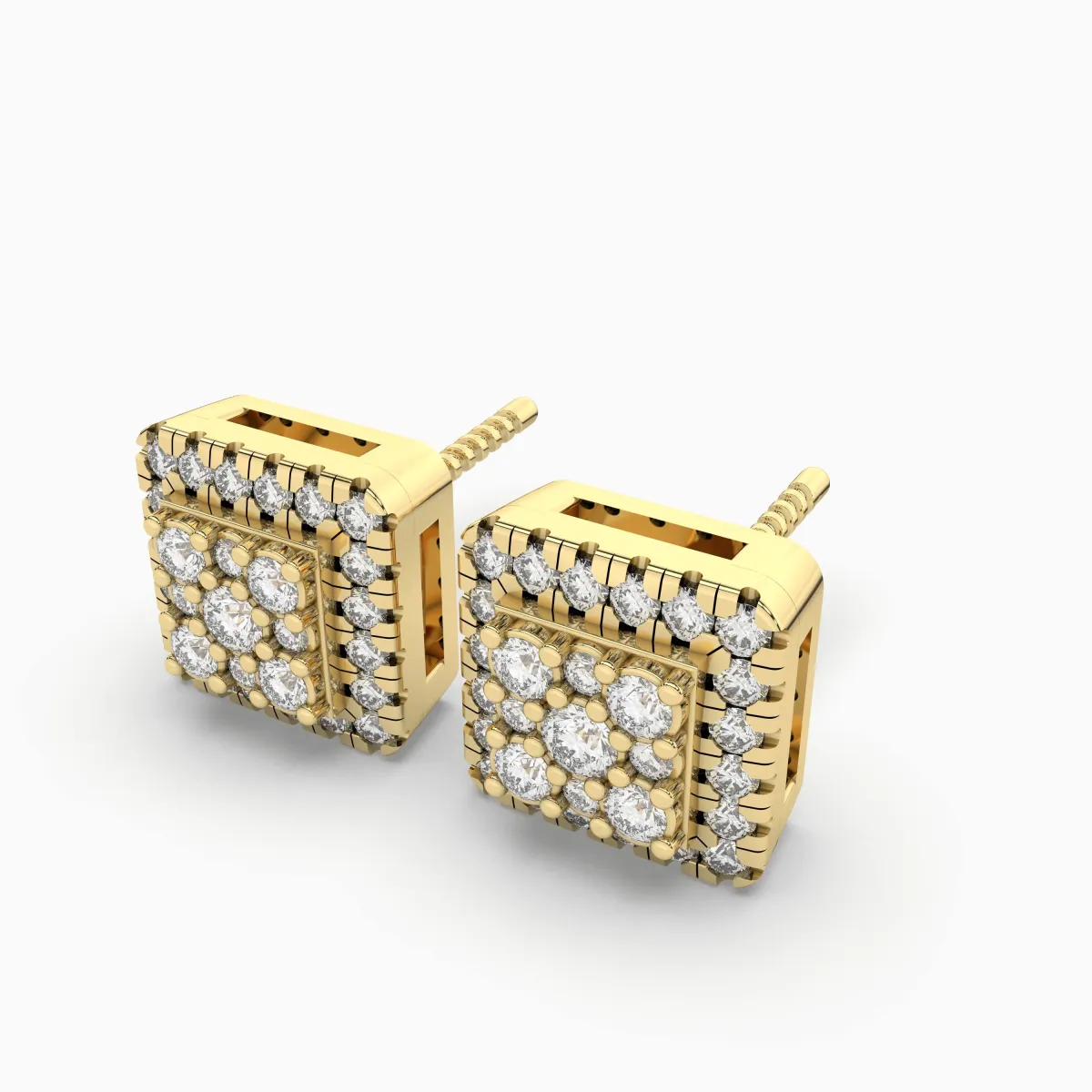 Double Square Halo Gold Natural Diamond Earrings